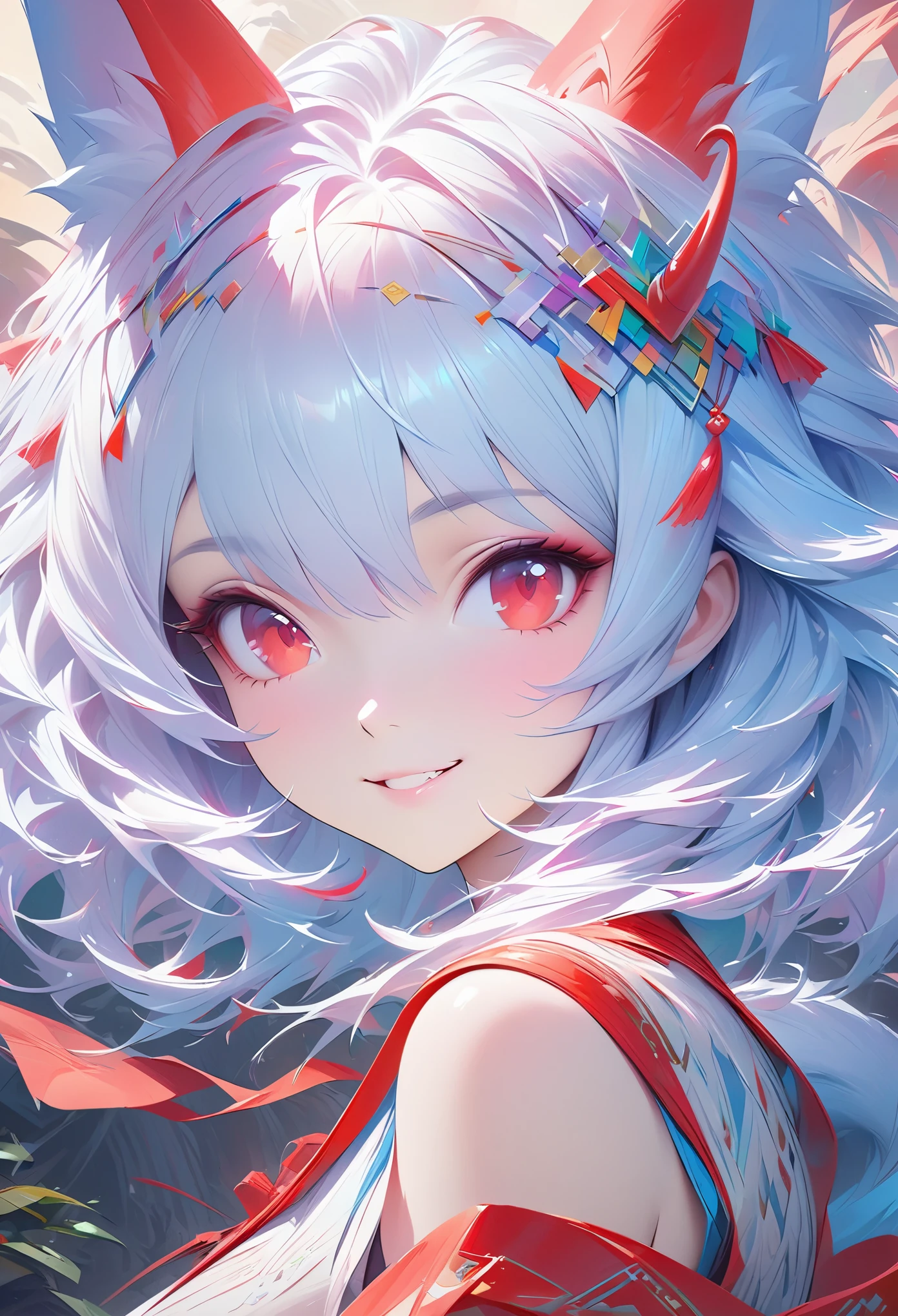 Masterpiece Portrait of Smiling Rei Ayanami (fox demon), fox tail， Caustics, High resolution illustration, Red eyes, feminine,, blue hair,,  Shadow flat illustration, The art of math, Popular topics on ArtStation, Very detailed, fine details, complex,  neon color