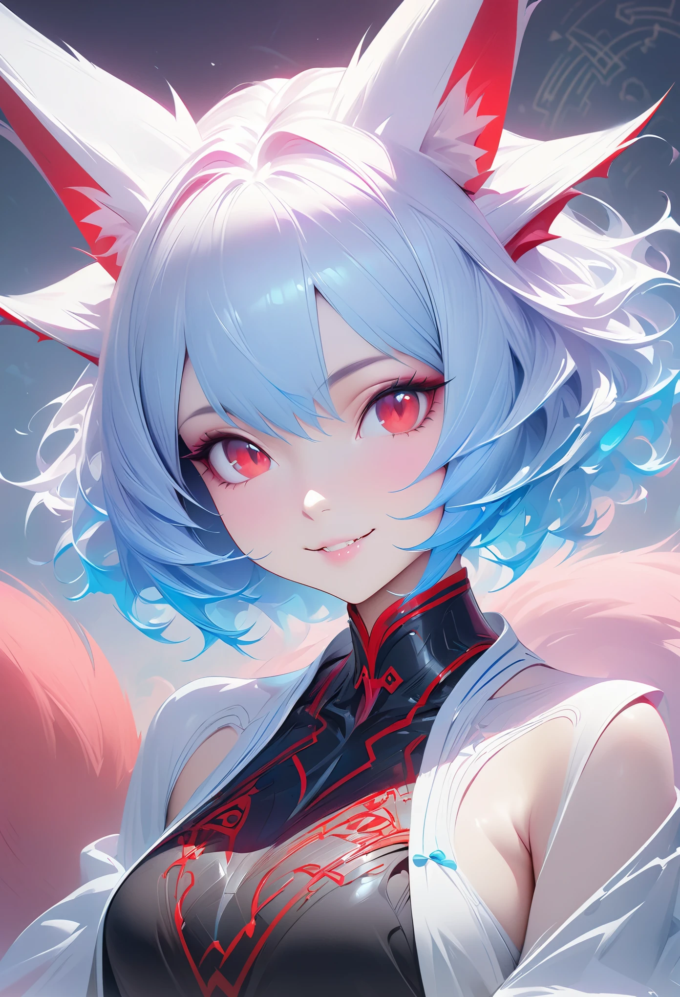 Masterpiece Portrait of Smiling Rei Ayanami (fox demon), fox tail, Caustics, High resolution illustration, Red eyes, feminine,, blue hair,, Shadow flat illustration, The art of math, Popular topics on ArtStation, Very detailed, fine details, complex, neon color