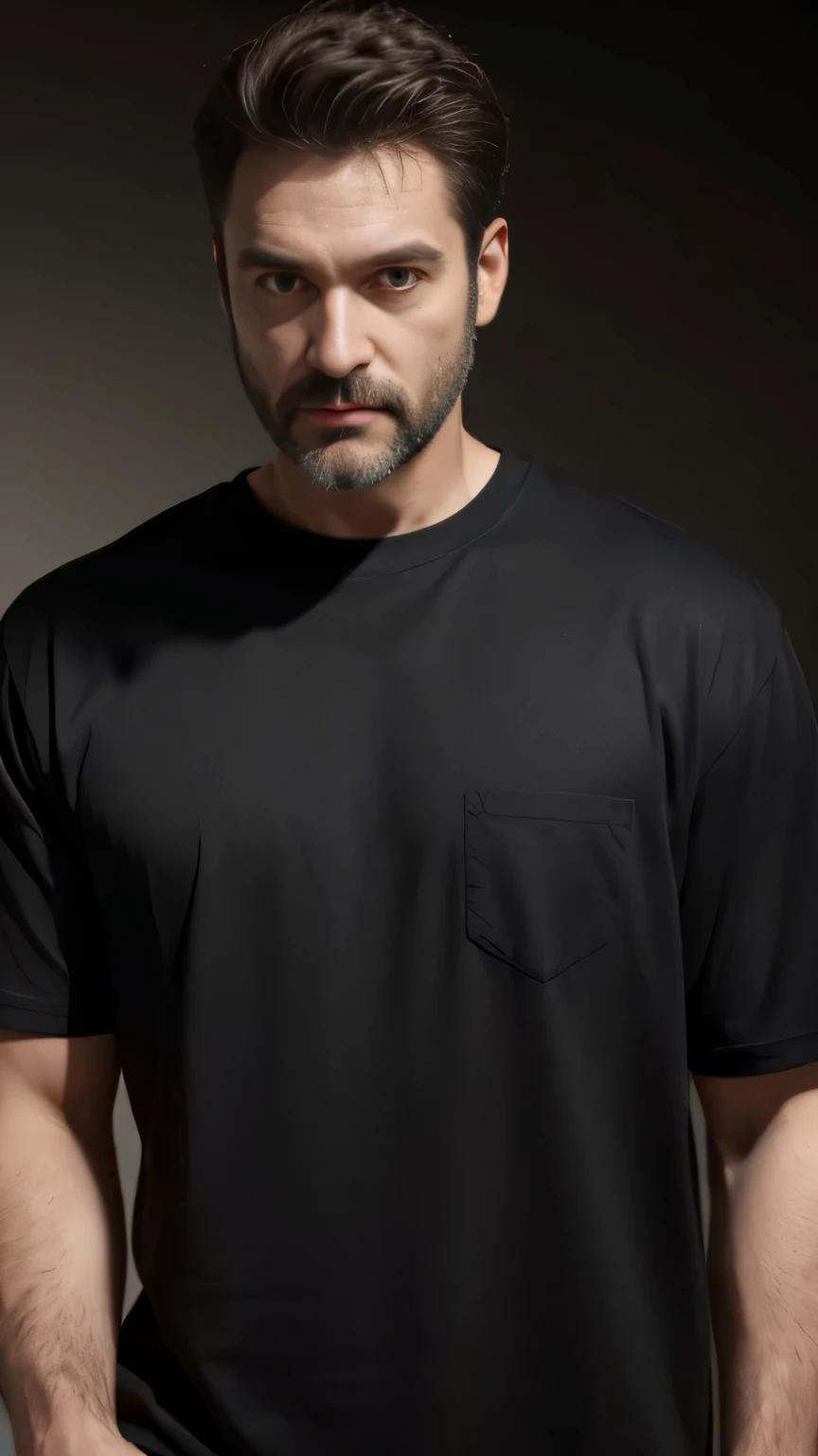 (best quality,4k,highres,masterpiece:1.2),ultra-detailed,(realistic,photorealistic,photo-realistic:1.37),middle-aged man,bold jawline,piercing eyes,strong facial features,black t-shirt,hand outside the pocket,facing straight forward,confident expression,well-groomed beard,dark hair,high contrast lighting,vivid colors,sharp focus, Some distance from the camera