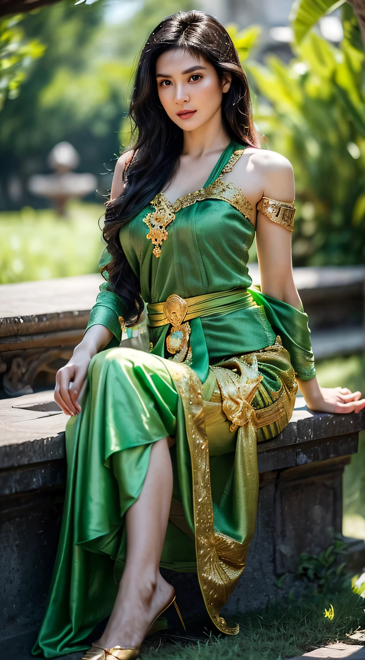 Photorealistic Production, (One Person), (Realistic Image of a 25 Years Old Uighur Female Model), (Shoulder-level Wavy Black Hair:1.6), (Athletic Body Builds:1.4), (Pale Skin:1.4), (Wearing a Green Ornated Kebaya Dress with Silk Cloth and Golden Jeweleries:1.6), (Serious Face), (Deep Cleavage), (Elegant Pose:1.6), Centered, (Waist-up Shot:1.4), From Front Shot, Insane Details, Intricate Face Detail, Intricate Hand Details, Cinematic Shot and Lighting, Realistic Colors, Masterpiece, Sharp Focus, Ultra Detailed, Taken with DSLR camera, Realistic Photography, Depth of Field, Incredibly Realistic Environment and Scene, Master Composition and Cinematography