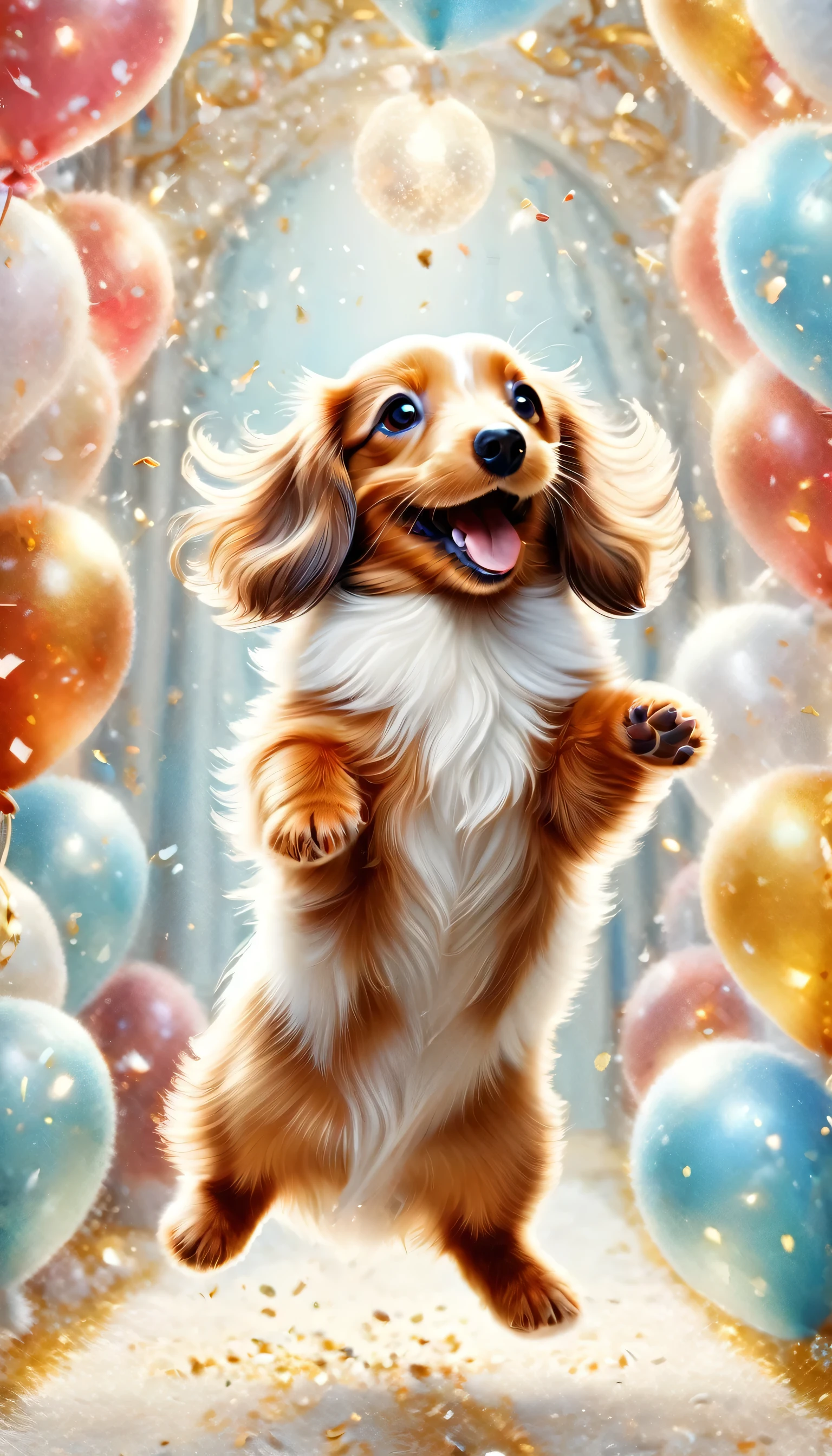 ((Miniature dachshund with fluffy white fur playing),dance,please raise your hand in front of me,jump,open your mouth,indoor,masterpiece,highest quality,brown miniature dachshund、very cute,、fun,happiness,,Stylish scenery,glitter effect,celebration,anatomically correct,all the best,the cutest dachshund,fantasy,randolph caldecott style,enlightenment,watercolor painting,Gentle color
