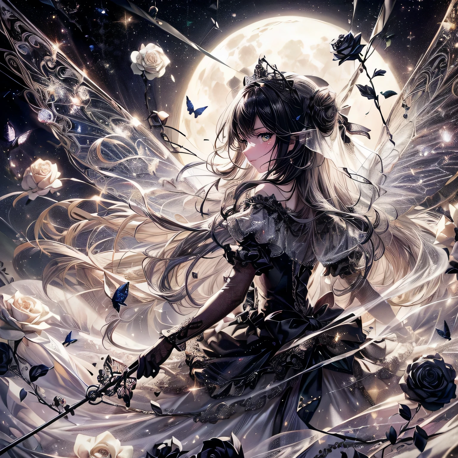 (exquisite, beautiful, very detailed, masterpiece, high quality, confused, High resolution, Full HD, 16k), (thin line: 1.2, soft lines:1.2, beautiful and delicate face), ((night, full moon,Starry sky seen from the window, Interior of a baroque castle)), (cool fairy princess,Has butterfly-like fairy wings.), (black rose, black flower blizzard, look at the camera,prepare the sword),((super wide shot, Ultra wide angle of view, whole body)), ((serious expression, Serious atmosphere,)), (medium black hair:1.5), (silver tiara, earrings, beautifulチョーカー), ((white gloves,Fluffy Shoulder Black Ball Gown Dress:1.1, Balloon sleeves,jewels and white lace and frills, Fairy wings from the back)), (light pink blush, plump pink lips,big bust,Fair skin, good style), (dim lighting, pastel colour,candle light, moonlight, Gentle light,)