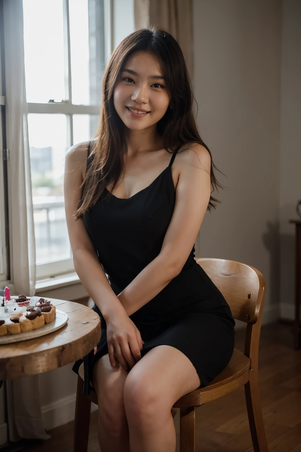 RAW photo, face portrait photo of beautiful 20 y.o japan Asian woman, cute face, wearing black dress, happy face, hard shadows, cinematic shot, dramatic lighting, sitting with table and birthday cake, ballon and flower.