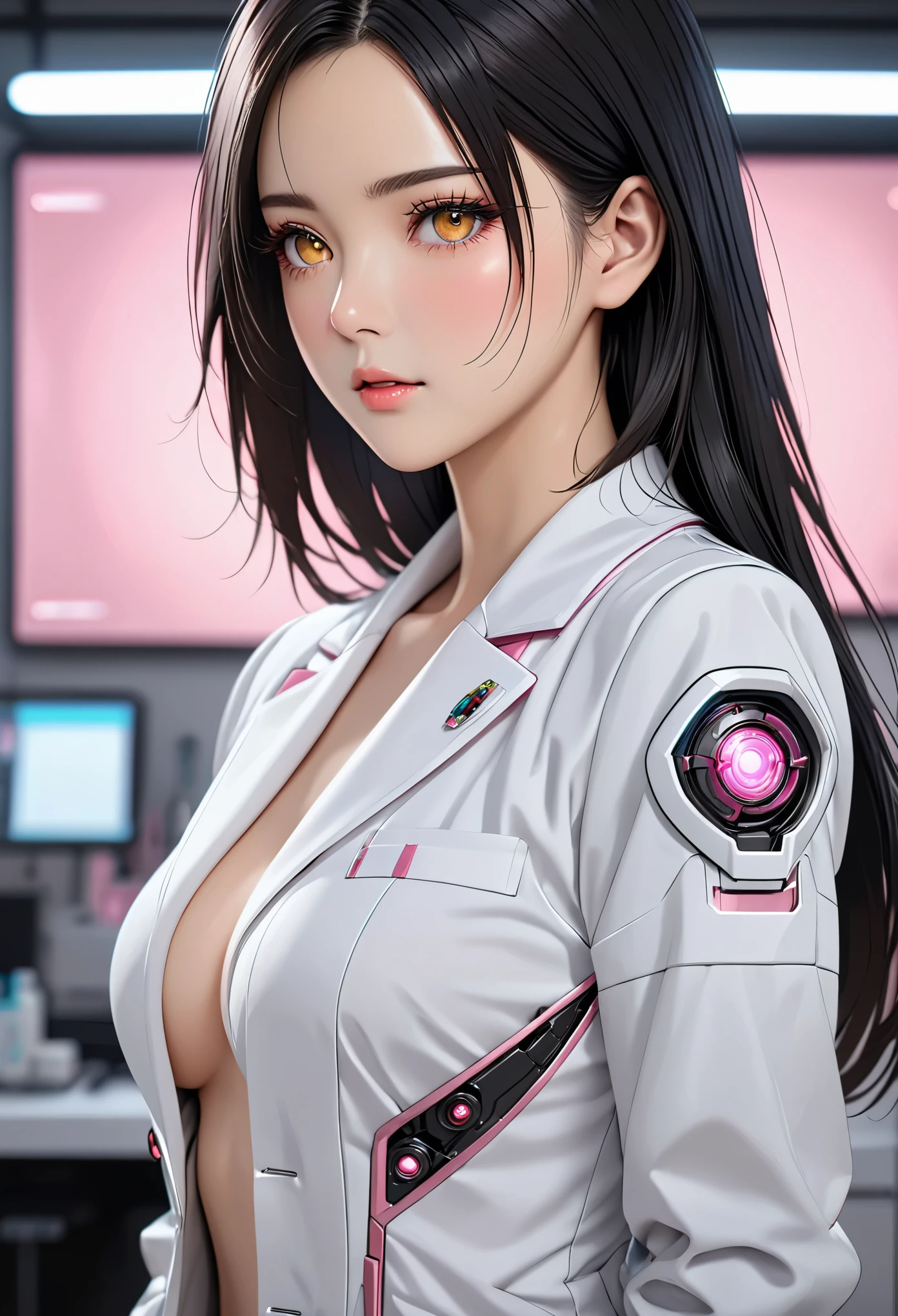 a royal sister, Mechanical body, cyberpunk, (Doctor's profession,doctor white coat, Fabric material), Pink Mecha,Perfect mechanical structure, Length: 0.7, Vision, Delicate skin texture, Exquisite and delicate face, dark black hair, masterpiece, best quality, super detailed, 8K, masterpiece, best quality, super detailed, Original picture, Face focus, blush, golden eyes, looking at the audience, medium shot, Fashion, (small boobs: 1.1), Interior background of the clinic,