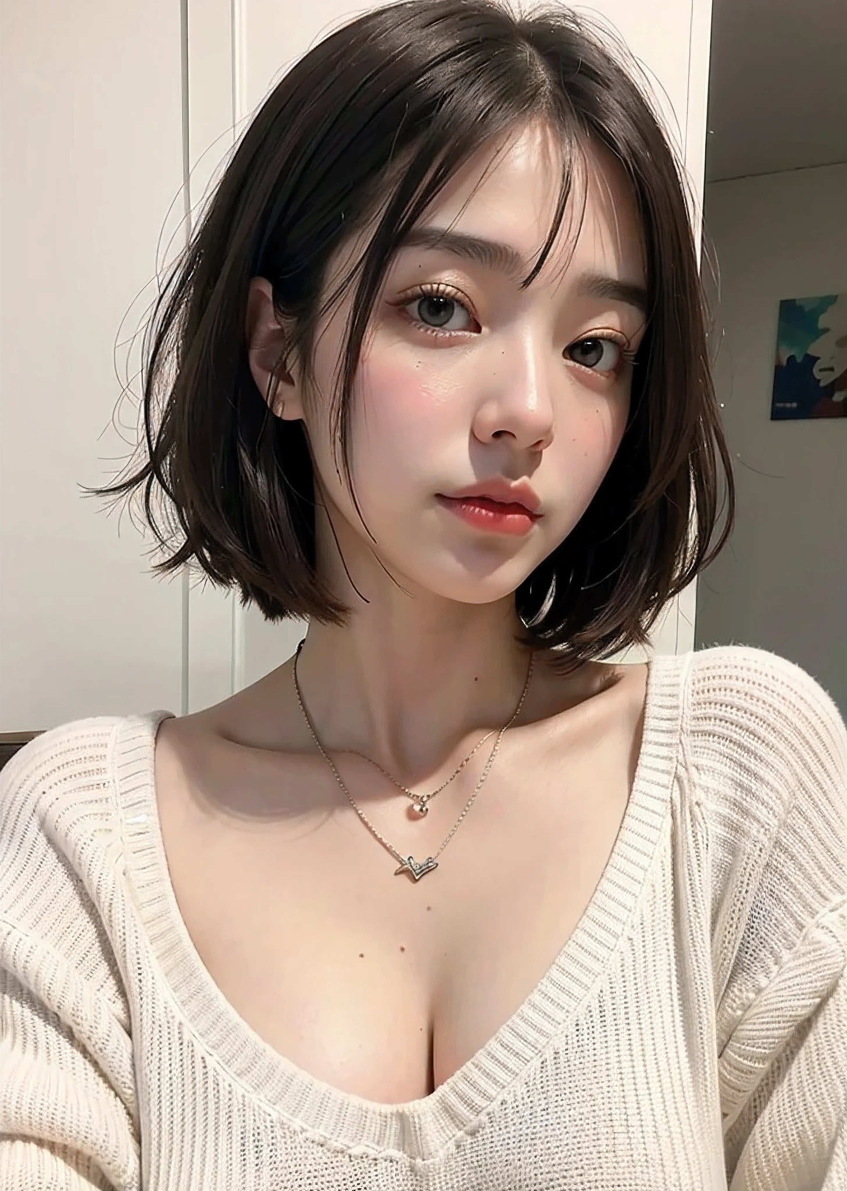 (highest quality、8K、32k、masterpiece、nffsw:1.2)、cute日本人女性の写真、big and full breasts、very short bobbed hair、Upper body、surface focus、extra large_sweater、necklace、simple background、From above、Search for viewers x4、(8K、Raw photo、highest quality、masterpiece:1.2)、(realistic、Photoreal:1.37)、1 girl、cute、professional lighting、photon mapping、Physically based rendering、gradient brunette hair、short curly hair、good looking、girly、excellent image quality、High resolution、1080p、(pretty face)、(Detailed facial description)、(Detailed Hand Explanation)、(Masseter muscle part)、(Detailed CG)、 extreme light and shadow、hair is dirty、masterpiece、Rich details、(exquisite features)、(best image quality)、(masterpiece)、(detailed eye)、looking forward to your eyes、delicate clavicle、various poses、Don'Don'don't watch the mela、profile、white wall、Taken in front of the white door、(窓のあるwhite wallの部屋)、autumn clothes、Winter clothes、シンプルnecklace、薄い紫色のsweater