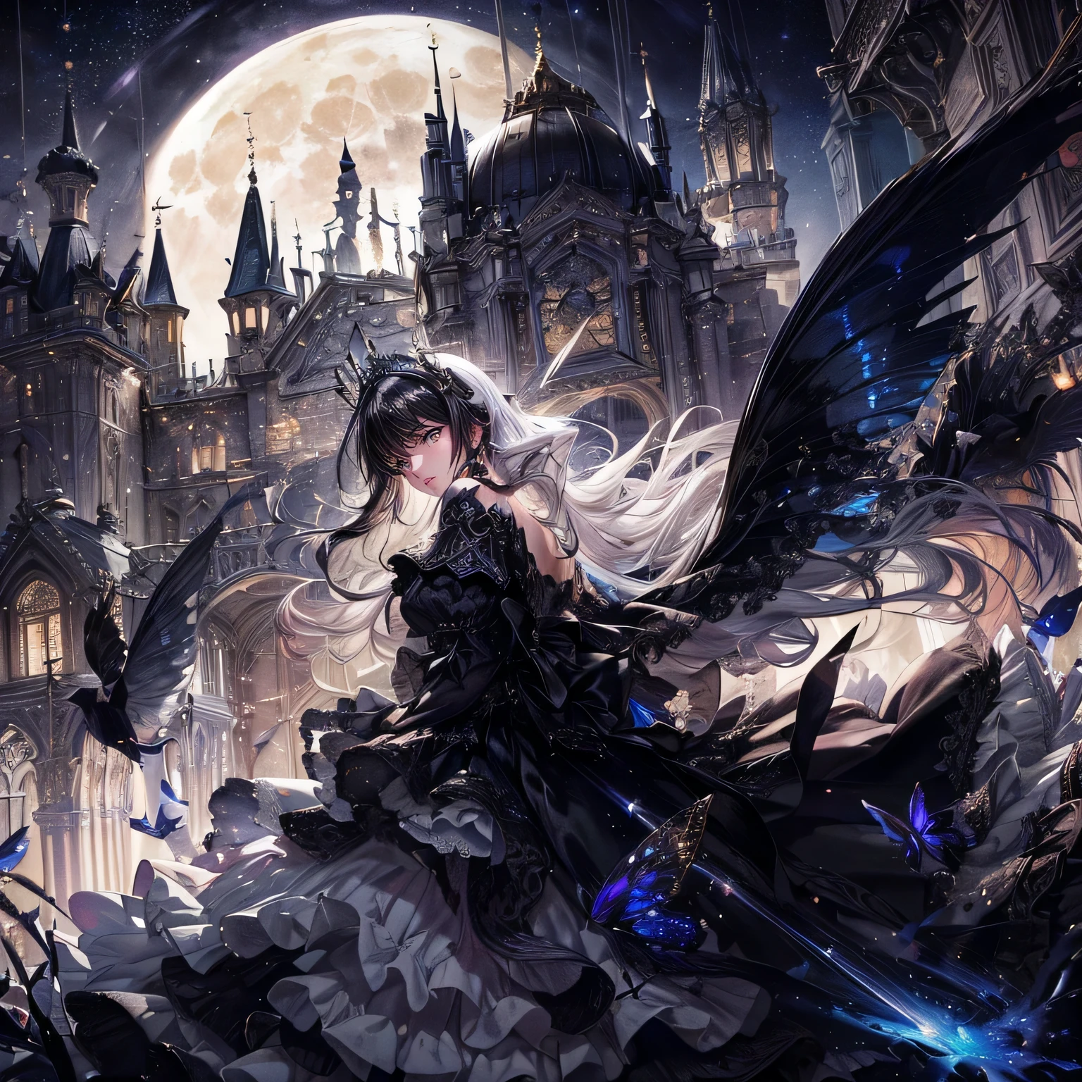 　
(exquisite, beautiful, very detailed, masterpiece, high quality, confused, High resolution, Full HD, 16k), (thin line: 1.2, soft lines:1.2, beautiful and delicate face), ((night, full moon,Starry sky seen from the window, Interior of a baroque castle)), (cool fairy princess,Has butterfly-like fairy wings.), (black rose, black flower blizzard, look at the camera,prepare the sword),((super wide shot, Ultra wide angle of view, whole body)), ((serious expression, Serious atmosphere,)), (medium black hair:1.5), (silver tiara, earrings, beautifulチョーカー), ((white gloves,Fluffy Shoulder Black Ball Gown Dress:1.1, Balloon sleeves,jewels and white lace and frills, Fairy wings from the back)), (light pink blush, plump pink lips,big bust,Fair skin, good style), (dim lighting, pastel colour,candle light, moonlight, Gentle light,)