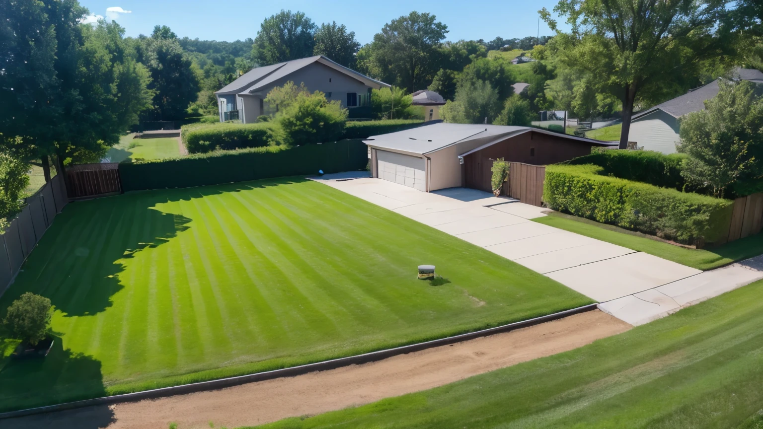 Drone perspective shot of yard, house, lawn fence