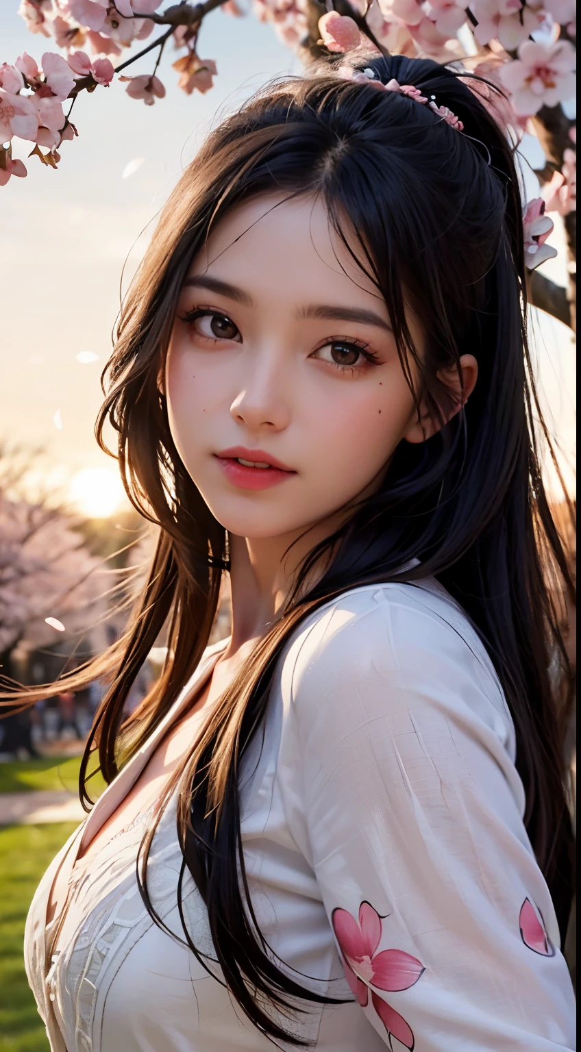 Mastepiece, top quality, illustration, ultra-definition, fine details, high resolution, 8K wallpaper, perfect dynamic composition,(Single beauty, black hair, beautiful face, real face, beautiful eyes in every detail, beautiful skin, long hair waving in the wind, long bouncing hair, long dancing hair, beautiful detailed eyes, natural color lips, random cute pose, perfect and Beautiful face, cute, sexy face, sunset, woman's face) , (cherry blossoms, cherry blossoms, cherry blossom petals dancing, cherry blossom blizzard, falling petals), hair fluttering in the wind, hair fluttering, pink cherry blossoms, petals dancing, cherry blossom blizzard, Amazing landscape, sunrise, background sun, wind, gods, vast land