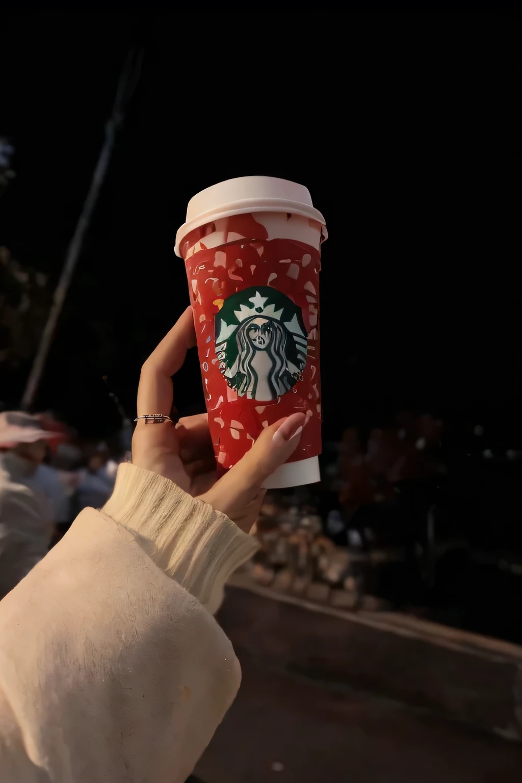 someone holding a Starbucks cup in their hand on a street, Starbucks, 8K)), 🤬 🤮 💕 🎀, ❤🔥🍄🌪, Have a strawberry iced latte, 🦩🪐🐞👩🏻🦳, snapshot photo, 🪔 🎨;🌞🌄, Place the red solo cup on the ground, 😭🤮 💔