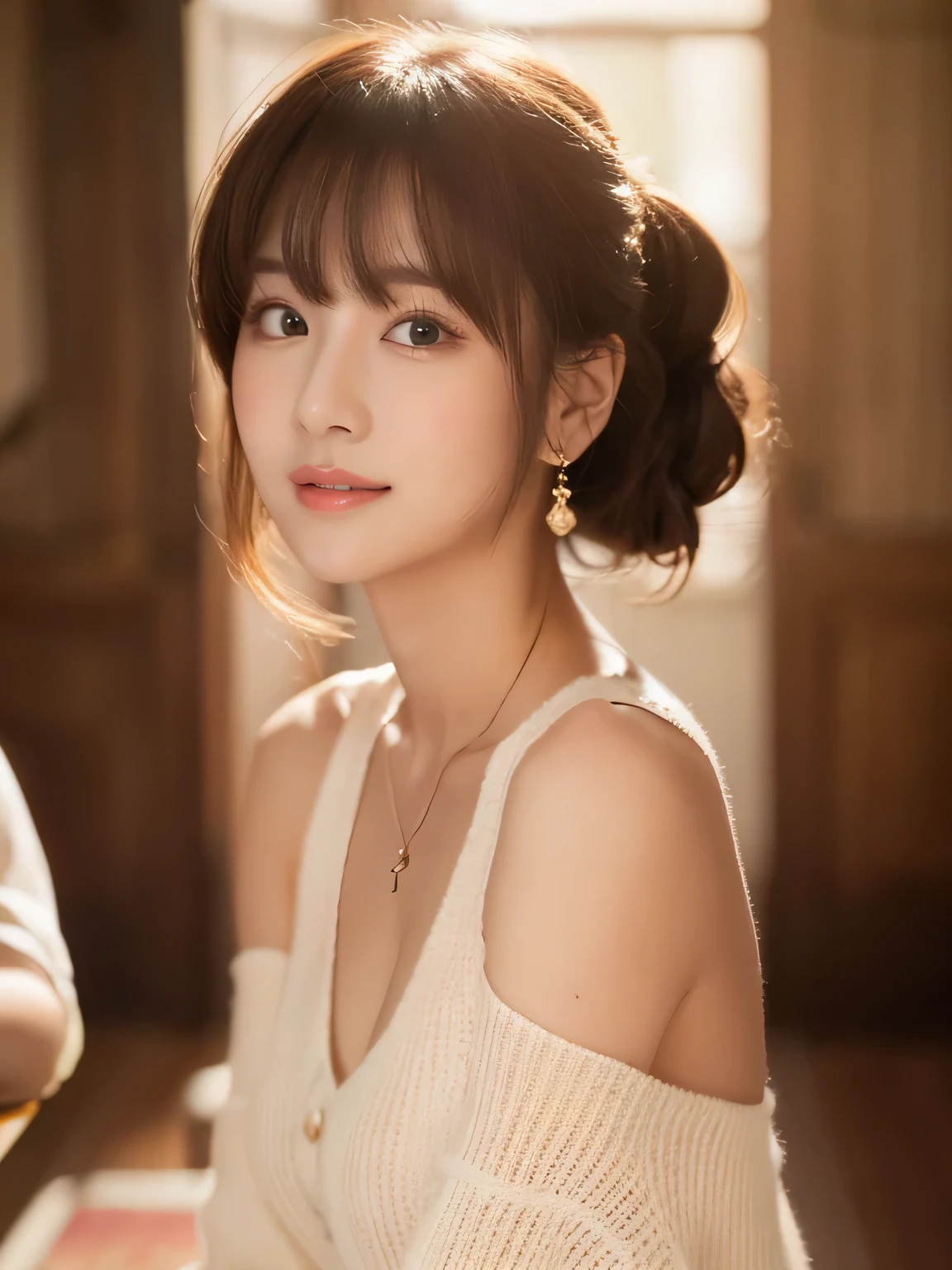 ((table top,highest quality)), ((table top,8K)), (realistic:1.4), Super detailed, ultra high resolution, 8k wallpaper, 80mm lens, huge file size, very knowledgeable beautiful girl, highly detailed face, very fine eyes, Very fine skin, very thin fingers, very small nose, highly detailed mouth, highly detailed background, highly detailed costume, perfect anatomy, Anatomically perfect hands, correct state of the human body, (1 person), 28 year old female, (Japan and half of Ukraine), (完璧なbeautiful actress), (perfect body:1.1), 頭w:1.4, (whole body from thighs:1.5), slender body, slender body shape, slim facial contour, The beauty of slim abs, thin waist, realistic skin texture, Fair skin, glowing skin, Fair skin, long and thin legs, light brown delicate soft hair, (feminine adult ponytail), layer cut, (dull bangs:1.2), natural smile, beautiful teeth, beautiful small face, realistic face, beautiful actress&#39;natural makeup, double eyelid, eyes with long eyelashes, charming brown eyes, Plump and glossy pink lips, My cheeks turned red, necklace, earrings, beautiful shape of small breasts,, beautiful breast curve, various poses, look at the audience, dynamic lighting, 
I am wearing a light yellow sleeveless open collar knit., 
She is wearing a large mesh see-through knit sweater, 