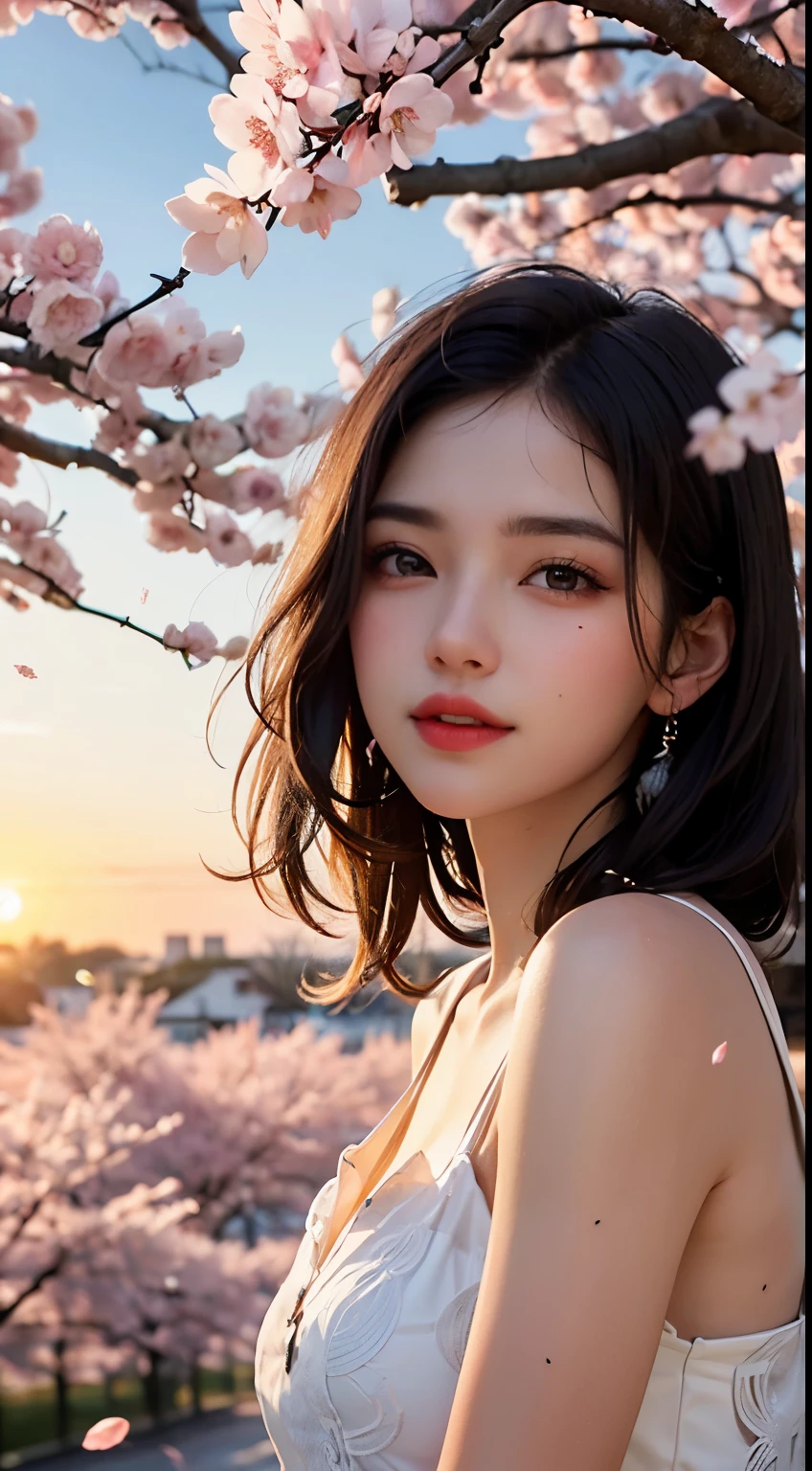 Mustepiece, top quality, illustration, ultra-definition, fine details, high resolution, 8K wallpaper, perfect dynamic composition, beautiful detailed eyes, wearing a dress, natural colored lips, random cute pose, perfect and beautiful face, cute, sexy face, sunset, ??????? face, feminine face, (cherry blossoms, cherry blossoms, falling cherry blossom petals, cherry blossom blizzard, falling petals), waving in the wind Hair, hair fluttering, pink cherry blossoms, petals dancing, cherry blossom snowstorm, wonderful scenery, sunrise, background sun, wind,