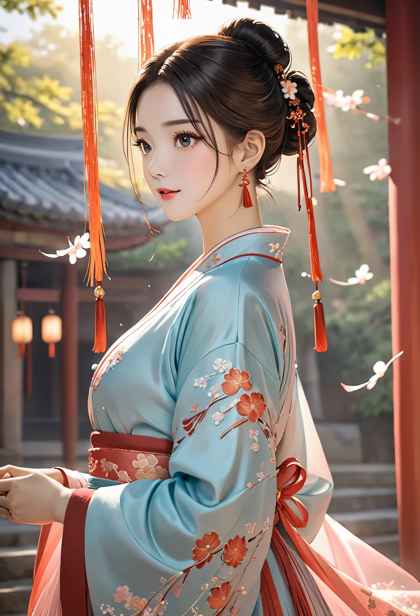 Realistic: 1.3, Masterpiece, Highest Quality, High Resolution, Details: 1.2, 1 Girl, Bun, Hairpin, Beautiful Face, Delicate Eyes, Tassel Earrings, Necklaces, Bracelets, Hanfu, Su Embroidered Hanfu, Streamers, Ribbons, Elegant Stand Posture, Aesthetics, Movie Lighting, Ray Tracing, Depth of Field, Layering,Fluttering, Hanfu, qingsha