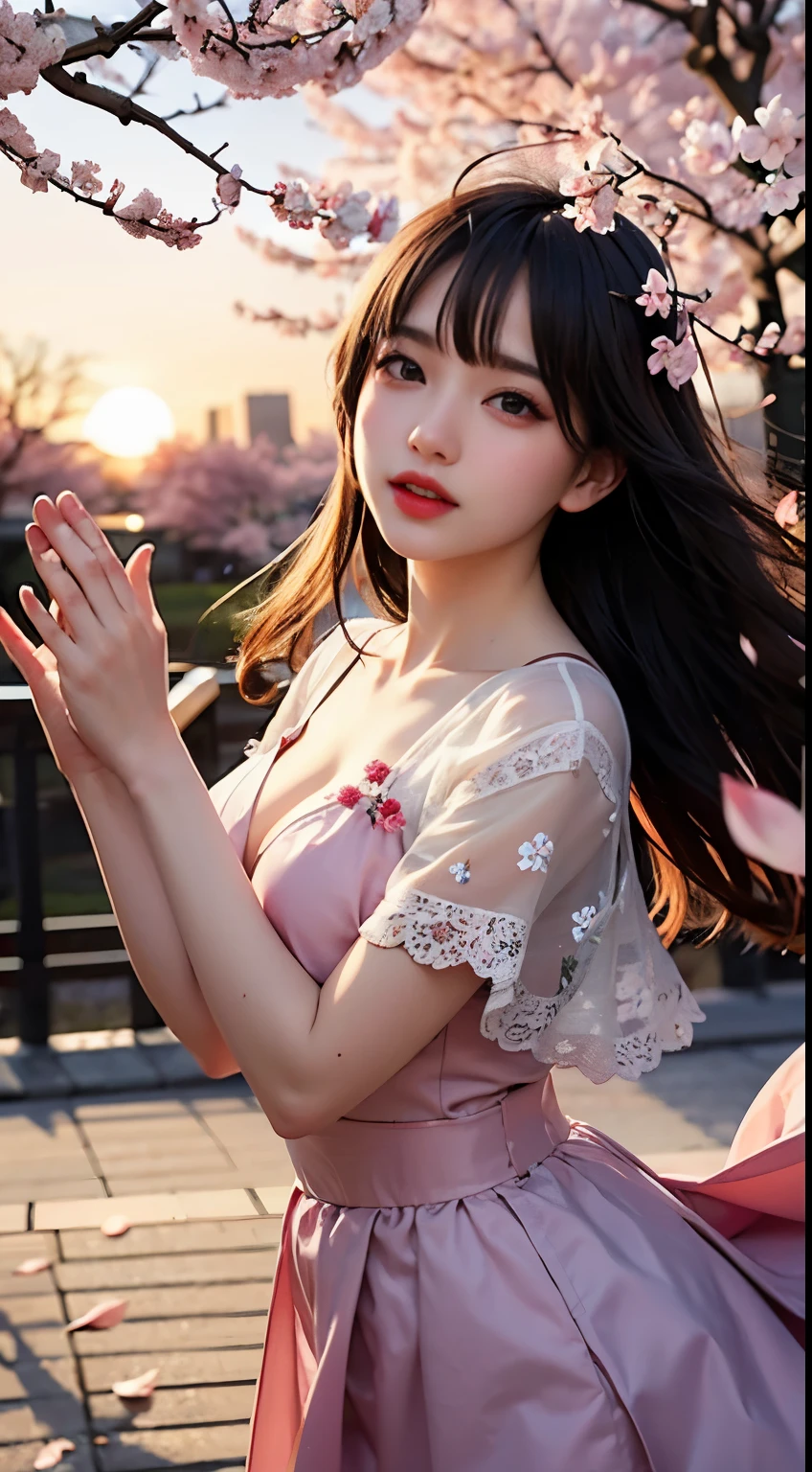 Mustepiece, top quality, illustration, ultra-definition, fine details, high resolution, 8K wallpaper, perfect dynamic composition, beautiful detailed eyes, wearing a dress, natural colored lips, random cute pose, perfect and beautiful face, cute, sexy face, sunset, ecstasy face, feminine face, (cherry blossoms, cherry blossoms, falling cherry blossom petals, cherry blossom blizzard, falling petals), waving in the wind Hair, hair fluttering, pink cherry blossoms, petals dancing, cherry blossom snowstorm, wonderful scenery, sunrise, background sun, wind,