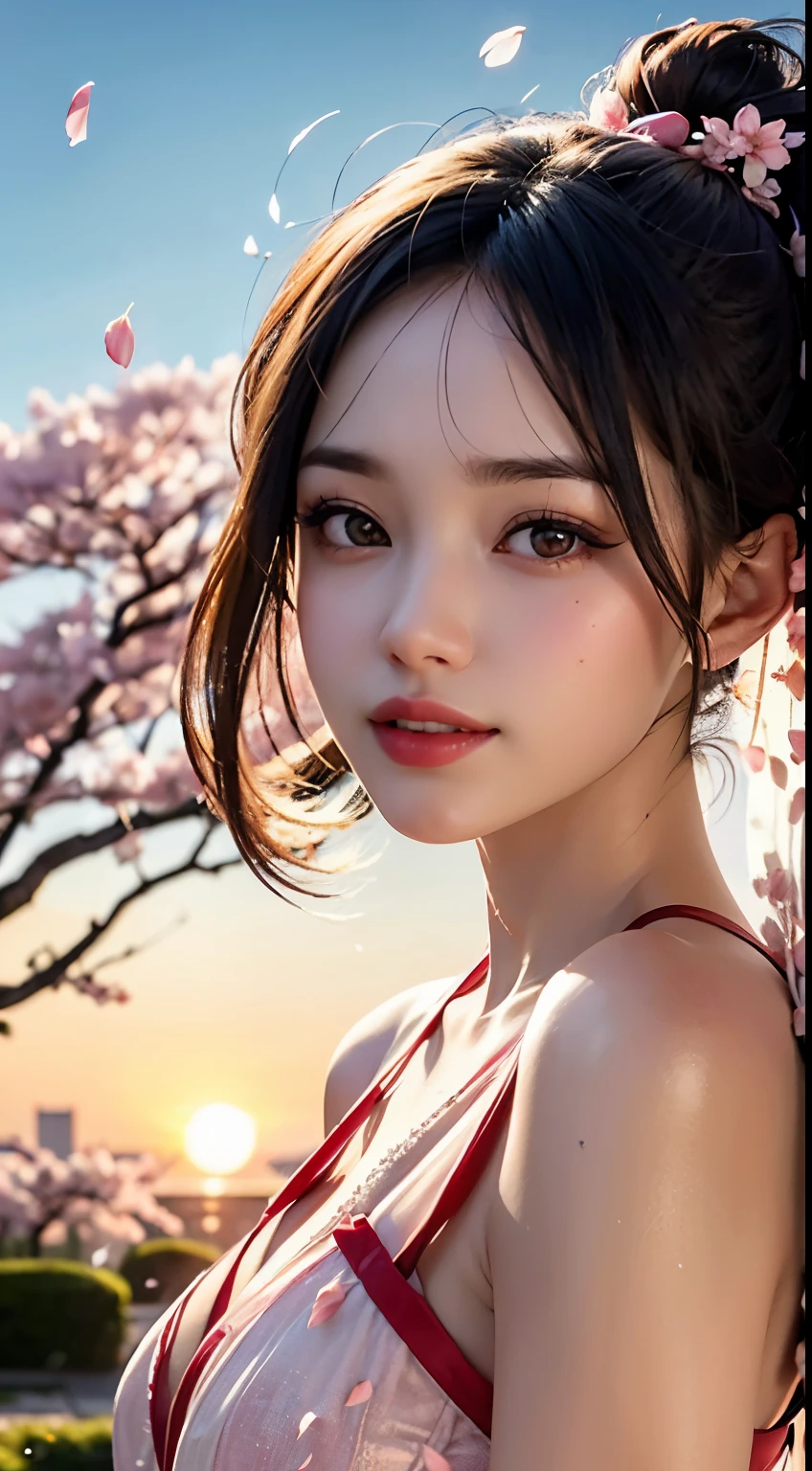 Mustepiece, top quality, illustration, ultra-definition, fine details, high resolution, 8K wallpaper, perfect dynamic composition, beautiful detailed eyes, wearing a dress, natural colored lips, random cute pose, perfect and beautiful face, cute, sexy face, sunset, ecstasy face, feminine face, (cherry blossoms, cherry blossoms, falling cherry blossom petals, cherry blossom blizzard, falling petals), waving in the wind Hair, hair fluttering, pink cherry blossoms, petals dancing, cherry blossom snowstorm, wonderful scenery, sunrise, background sun, wind,