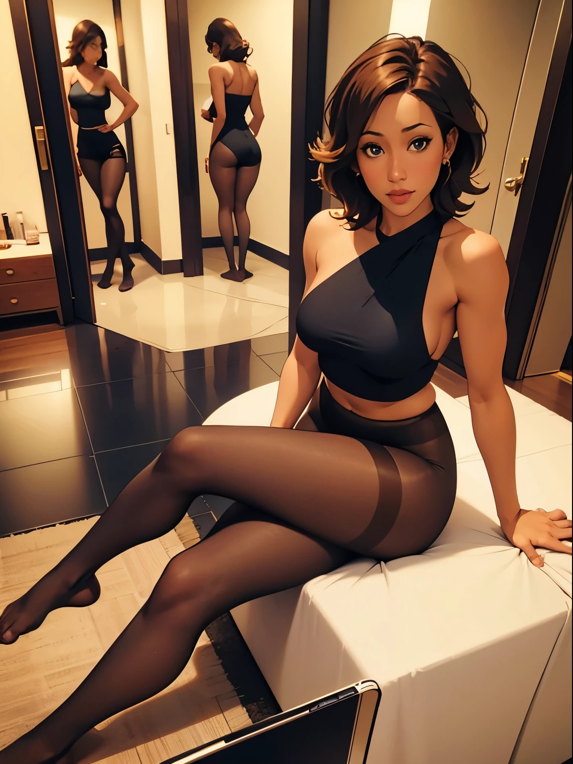 Show entire body, feet in view, high resolution, Robin thede, topless, pantyhose, no shoes, sitting on floor, fitting room, taking selfie, sitting on floor, 