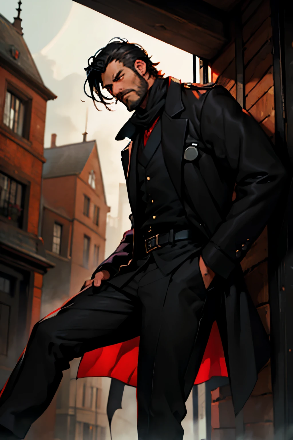 Geoffrey McCullum, black hair, crewcut, stubble, rugged, medical coat, black pants, black shirt, dark red cravat, fog, medical atmosphere, 1918 London