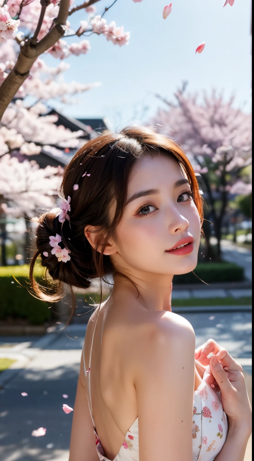 Mustepiece, top quality, illustration, ultra-definition, fine details, high resolution, 8K wallpaper, perfect dynamic composition, beautiful detailed eyes, wearing a dress, natural colored lips, random cute pose, perfect and beautiful face, cute, sexy face, sunset, ecstasy face, feminine face, (cherry blossoms, cherry blossoms, falling cherry blossom petals, cherry blossom blizzard, falling petals), waving in the wind Hair, hair fluttering, pink cherry blossoms, petals dancing, cherry blossom snowstorm, wonderful scenery, sunrise, background sun, wind,