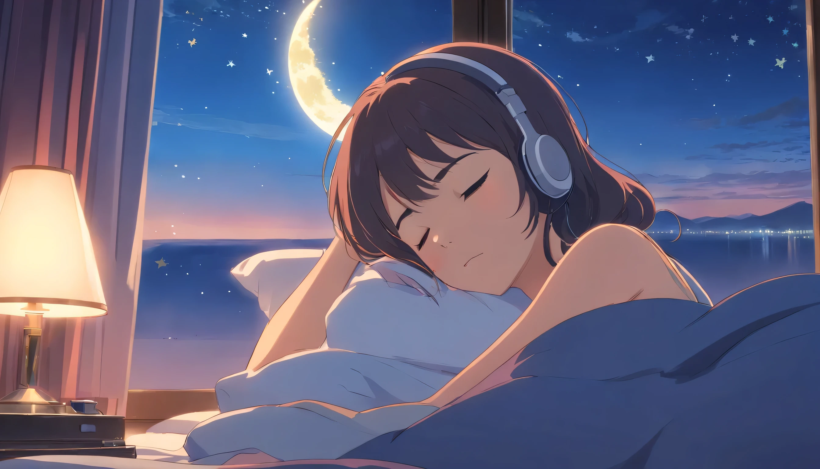 (masterpiece) a girl (woman) sleeping in bed, on her bed, wearing headphones, Window showing moon and stars, calm, peaceful, thinking, ish, color grading, Nice color coding,