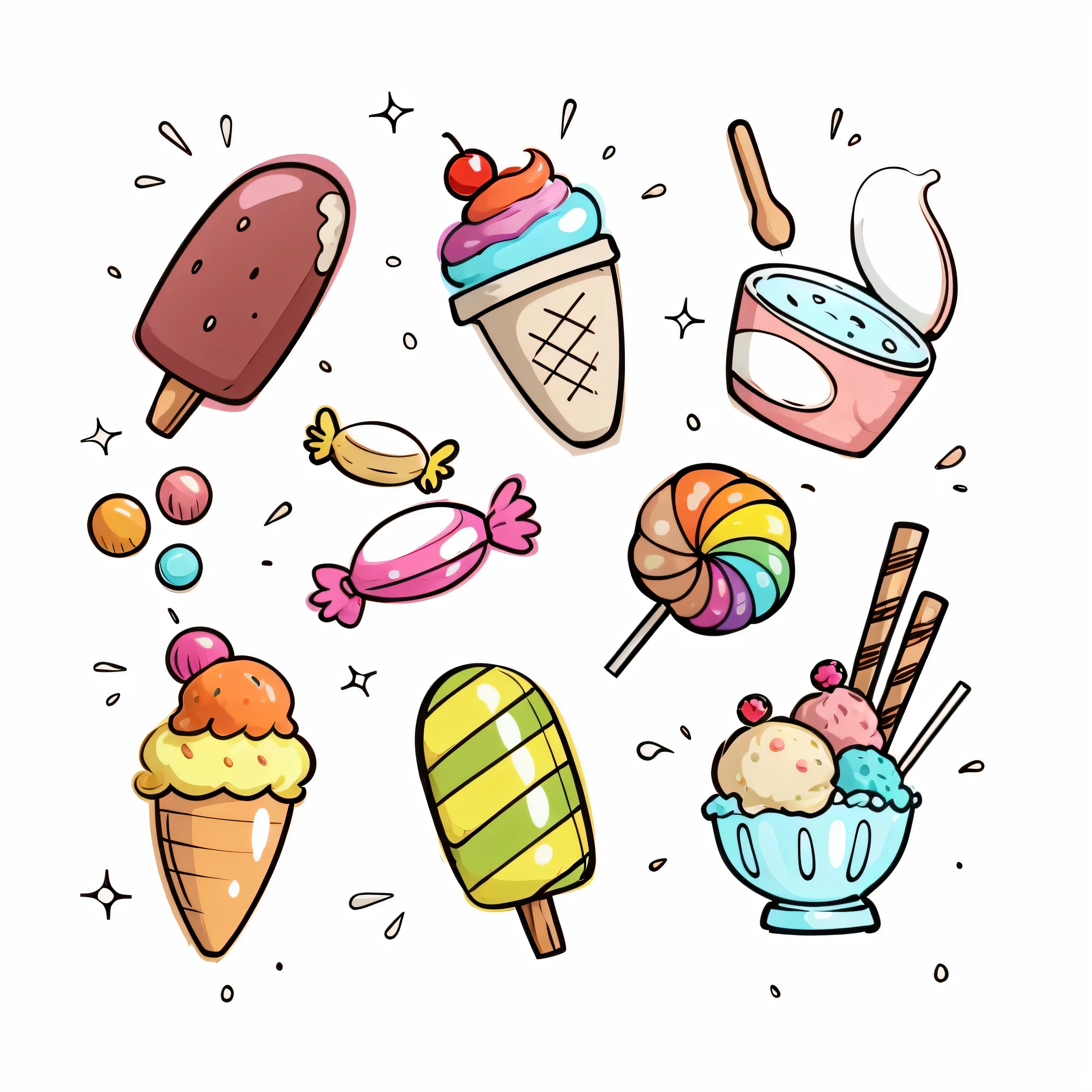 a close up of a bunch of different ice creams and candy, sweets, yummy, ice cream, cartoon style illustration, highly detailed illustration.”, ice cream on the side, eating ice - cream, eating ice cream, cartoon illustration, simple cartoon style, colorfull illustration, colored illustration, stickers illustrations, hand painted cartoon art style, colorful illustration, hd illustration
