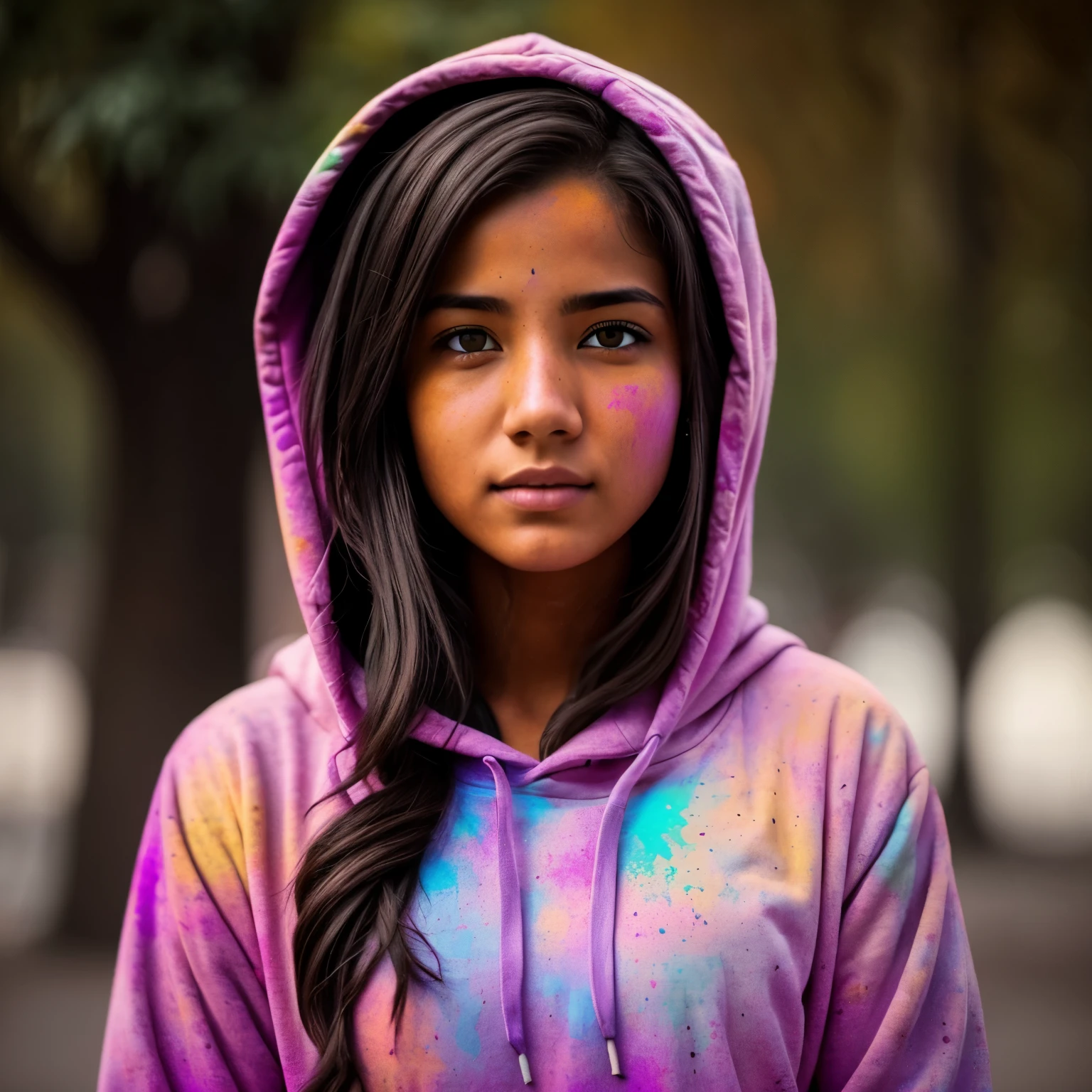 beatiful American college cute woman, wearing hoodie, looking at viewer, holi color festival, portrait, hyper detailed POV, by lee jeffries, nikon d850, film stock photograph ,4 kodak portra 400 ,camera f1.6 lens ,rich colors ,hyper realistic ,lifelike texture, dramatic lighting , cinestill 800,