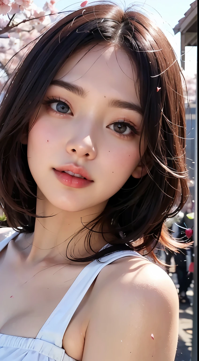 Mustepiece, top quality, illustration, ultra-definition, fine details, high resolution, 8K wallpaper, perfect dynamic composition, beautiful detailed eyes, wearing a dress, natural colored lips, random cute pose, perfect and beautiful face, cute, sexy face, sunset, ecstasy face, feminine face, (cherry blossoms, cherry blossoms, falling cherry blossom petals, cherry blossom blizzard, falling petals), waving in the wind Hair, hair fluttering, pink cherry blossoms, petals dancing, cherry blossom snowstorm, wonderful scenery, sunrise, background sun, wind,