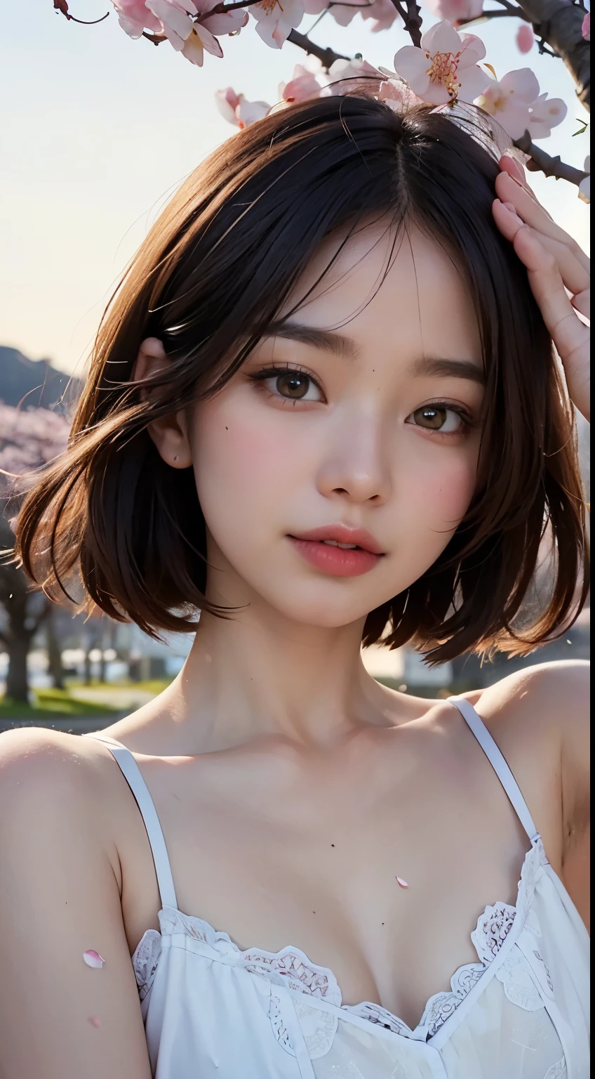Mustepiece, top quality, illustration, ultra-definition, fine details, high resolution, 8K wallpaper, perfect dynamic composition, beautiful detailed eyes, wearing a dress, natural colored lips, random cute pose, perfect and beautiful face, cute, sexy face, sunset, ecstasy face, feminine face, (cherry blossoms, cherry blossoms, falling cherry blossom petals, cherry blossom blizzard, falling petals), waving in the wind Hair, hair fluttering, pink cherry blossoms, petals dancing, cherry blossom snowstorm, wonderful scenery, sunrise, background sun, wind,