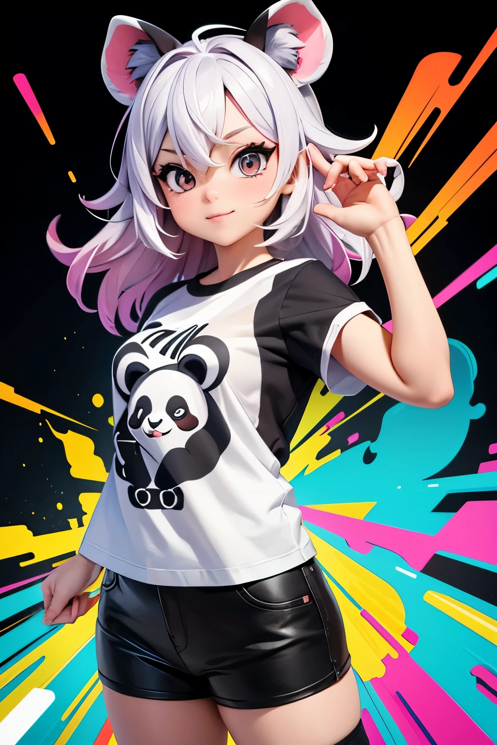 -shirt design, A vibrant shirt
design featuring a (animal),
created in a colorful vector
style. The artwork incorporates
dynamic paint splashes, giving
it a lively and energetic feel.
Inspired by the artistic styles
found on platforms like
ArtStation and Pinterest, the
design showcases a fusion of
lofi aesthetics with clean vector
linework. This unique
combination creates a visually
appealing and trendy shirt
design centered around the
adorable panda motif, black
background
--ar 3:4 --v 5.2 --s 100 --q 2