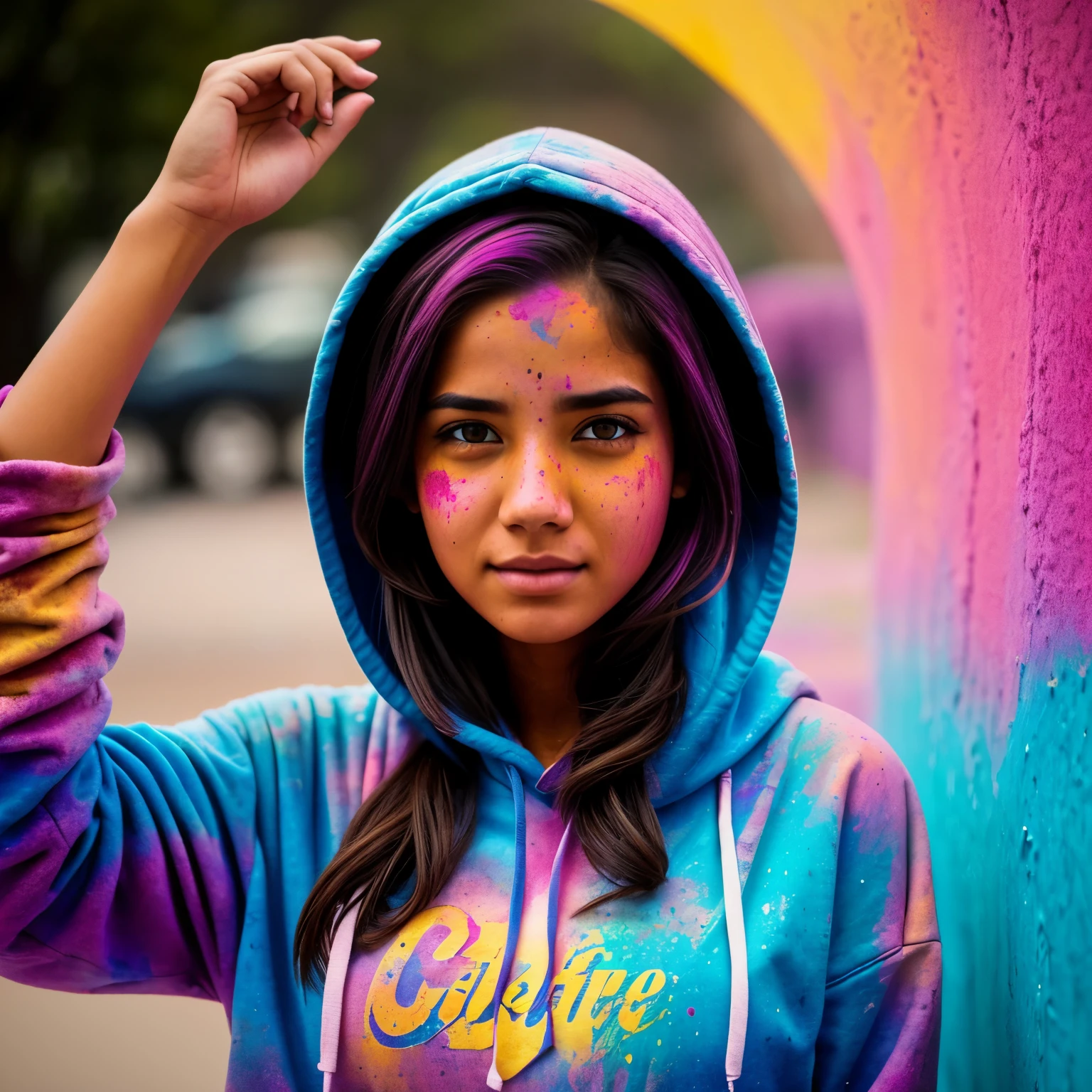 beatiful American college cute woman, wearing hoodie, looking at viewer, holi color festival, portrait, hyper detailed  POV, by lee jeffries, nikon d850, film stock photograph ,4 kodak portra 400 ,camera f1.6 lens ,rich colors ,hyper realistic ,lifelike texture, dramatic lighting , cinestill 800,