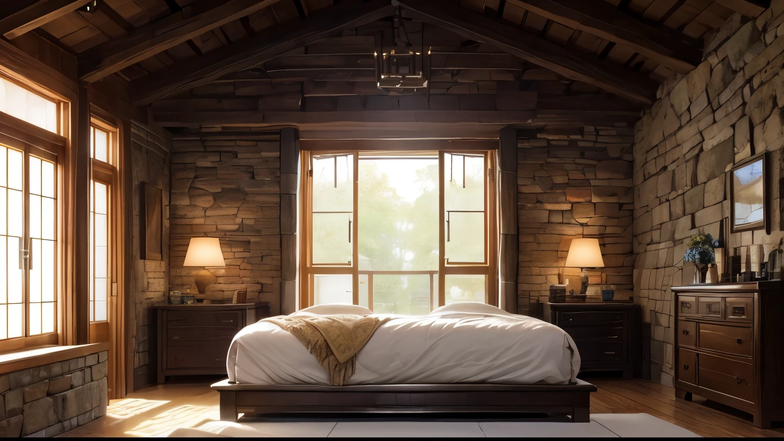 Charming bedroom nestled inside a natural cave。The room is decorated with elegant furniture，contrasts with the rugged stone walls。Bed with plush pillows and blankets on elevated stone platform。Elegant curtains hang elegantly around the bed，Adds a touch of luxury to a rustic setting。Intricate stalactites and rock formations enhance the mysterious atmosphere inside the cave。There is a small waterfall next to the bedroom，pour down，Inject tranquility into the pool，Create a peaceful atmosphere。Warm light illuminates the space，Cast soft shadows，Dancing on stone walls and water。Braided rug at the foot of the bed，Complements the natural texture of the surrounding rocks。