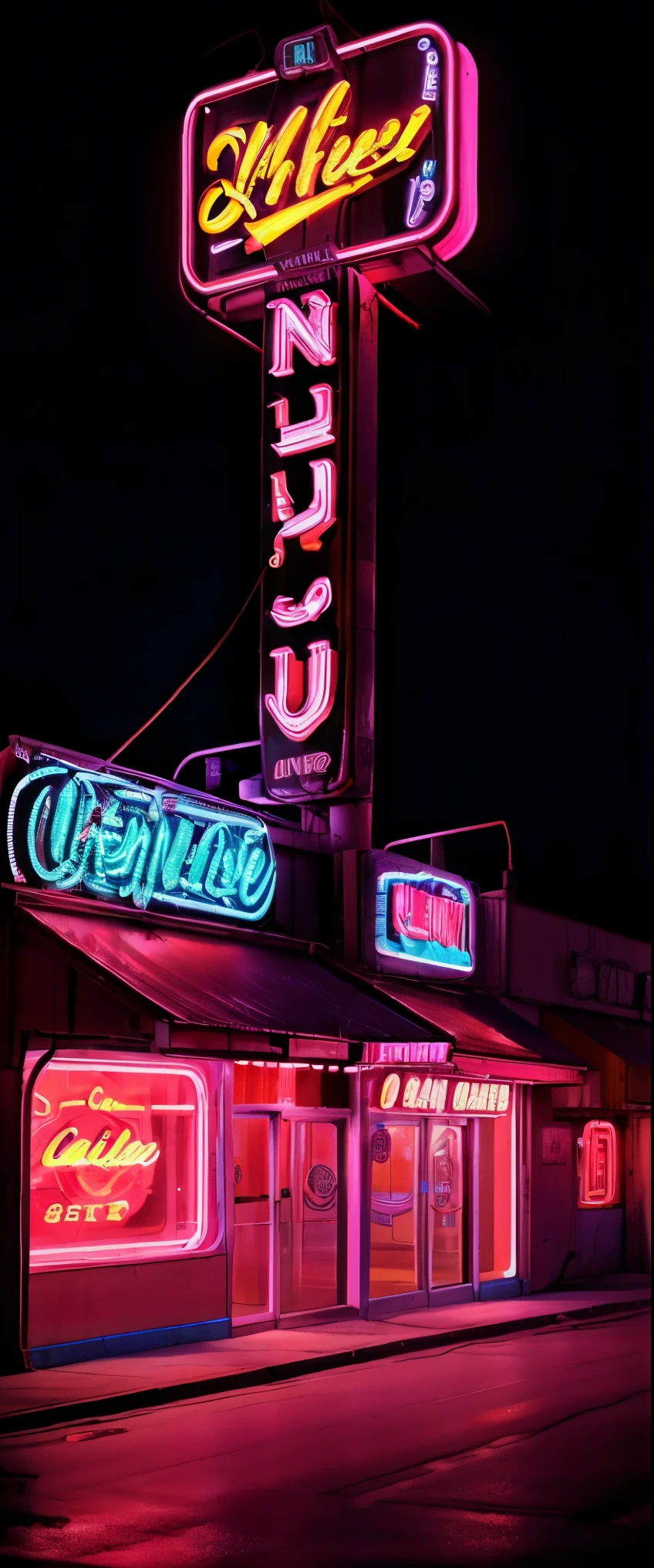 ((masterpiece, highest quality, Highest image quality, High resolution, photorealistic, Raw photo, 8K)), A pink and blue neon sign that stands out in the city at night, arafed view of a motel with a car parked in front of it, with neon signs, by Dave Melvin, route 6 6, neon signs, 1 9 5 0 s americana tourism, some have neon signs, neon lights outside, neon advertisements, gigantic neon signs, neon shops, by Arnie Swekel, few neon signs, neon signs in background, 