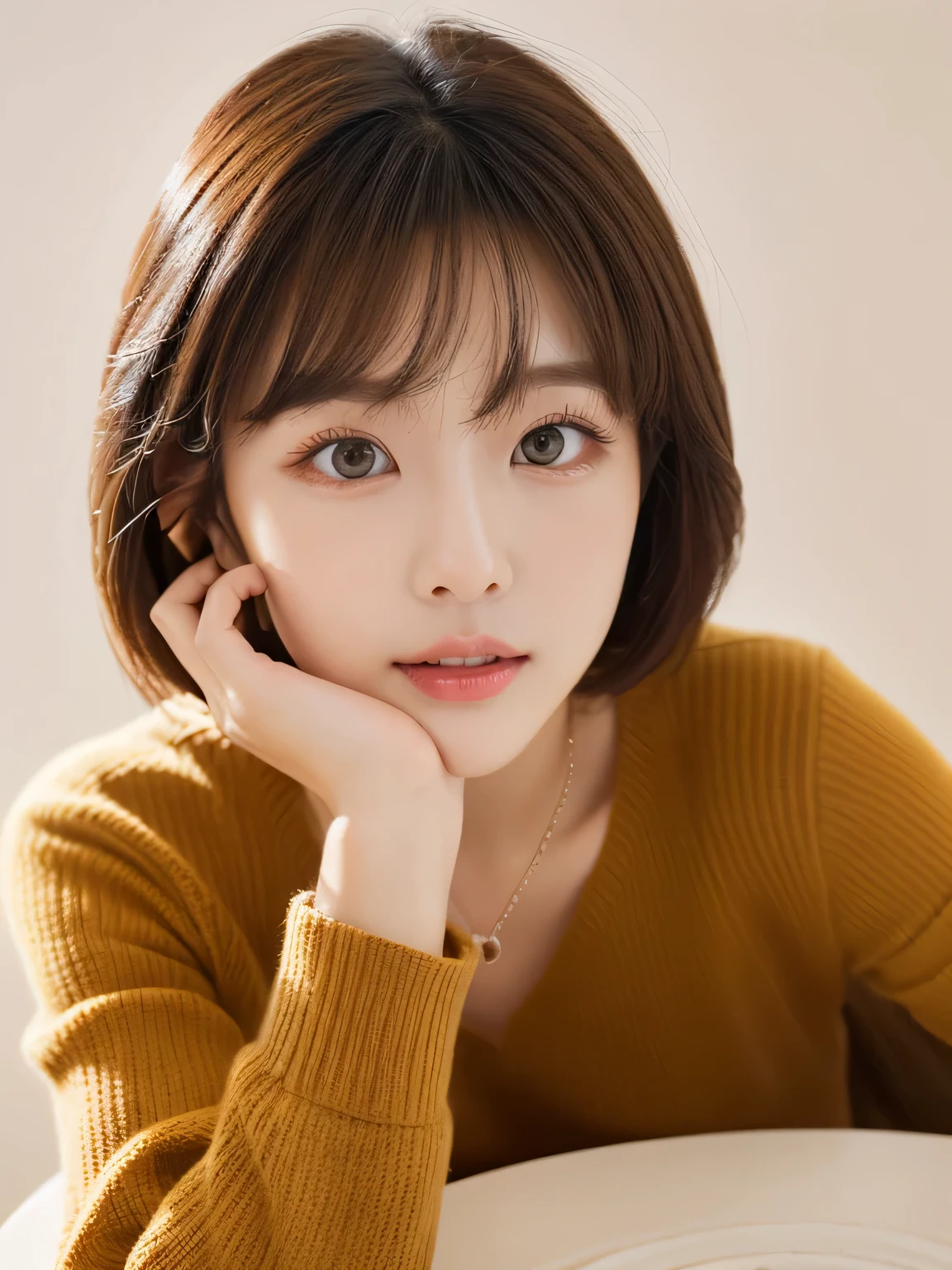 ((table top,highest quality)), (realistic:1.4),((table top,8K))、white wall、(white room)、((full body photo))、Photographed in natural light、Highly detailed face and skin texture、highly detailed lips、correct state of the human body、ultra high resolution、(Photoreal:1.4)、highest quality, 1 beautiful woman, 28 years old, s, 80mm lens、light yellow knit、(dark brown medium short hair)、japanese woman、(dark brown hair)、various poses、look at the camera、natural color lip、Winter clothes、 necklace、indoor