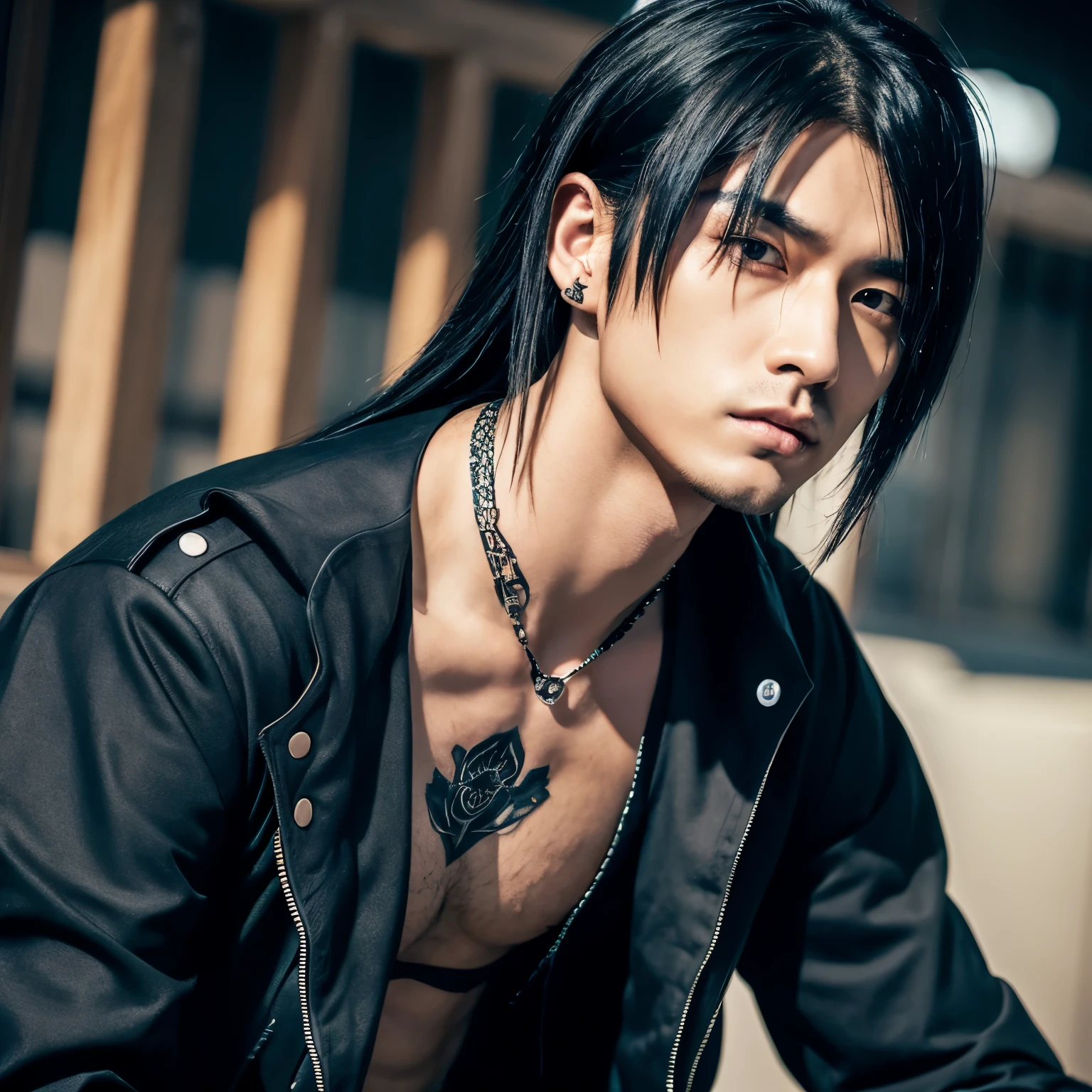 1 man, male, Japanese man, Visual Kai hairstyle, ultra detailed face and body, hyperrealistic, realistic representation, muscular, broad shoulders, tattoos gothic style, piercings, Visual Kei style, hairstyle Visual Kei, black, long hair, 30 years old, age 30, outfit gothic streampunk, men's shirt and black pants, Asian eyes, eyes Asian, long hair, long hair