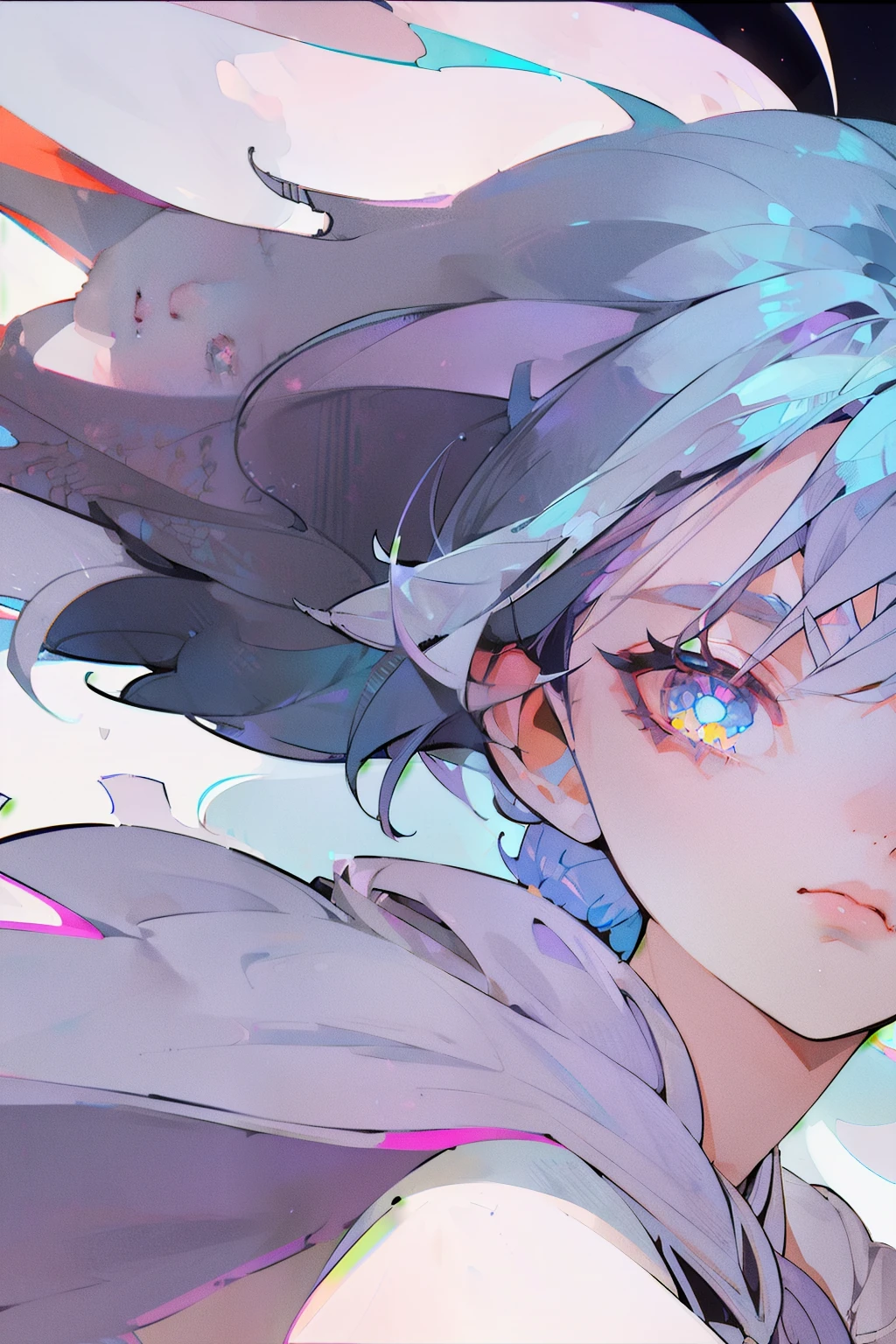 ((masterpiece,best quality)),(negative space:1.4),(1girl, solo:1.4),beautiful detailed eyes,floating pastel pink and lavender hair, lavender eyes, at night, starry sky, stars shining
