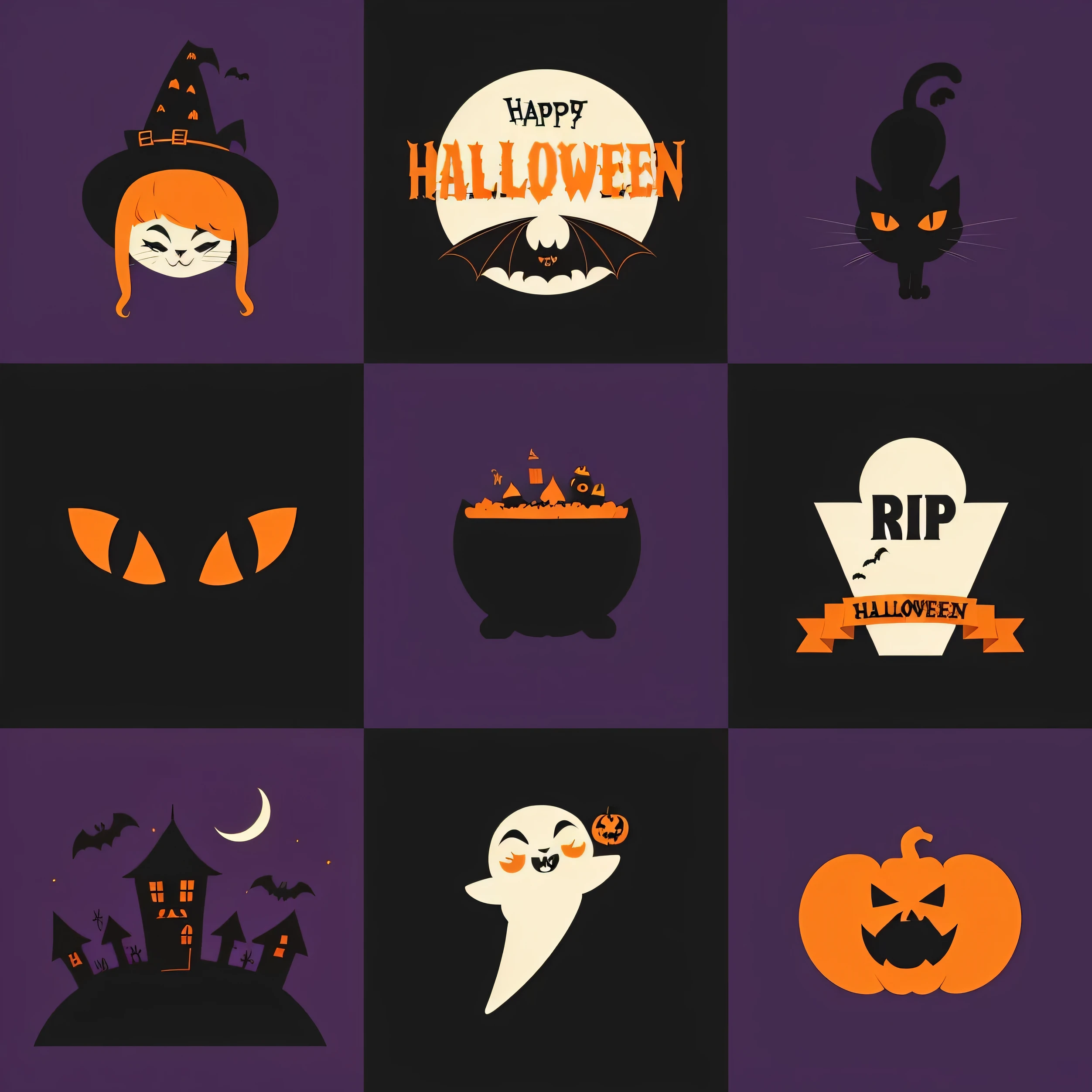 a close up of a set of halloween icons with a cat, halloween theme, halloween art style, spooky halloween theme, halloween wallpaper with ghosts, halloween, halloween celebration, cartoonish vector style, halloween night, happy, flat vector art, horror elements, minimalist cartoon style, vector illustration, vector design, evil symbols, spooky halloween night, halloween scene