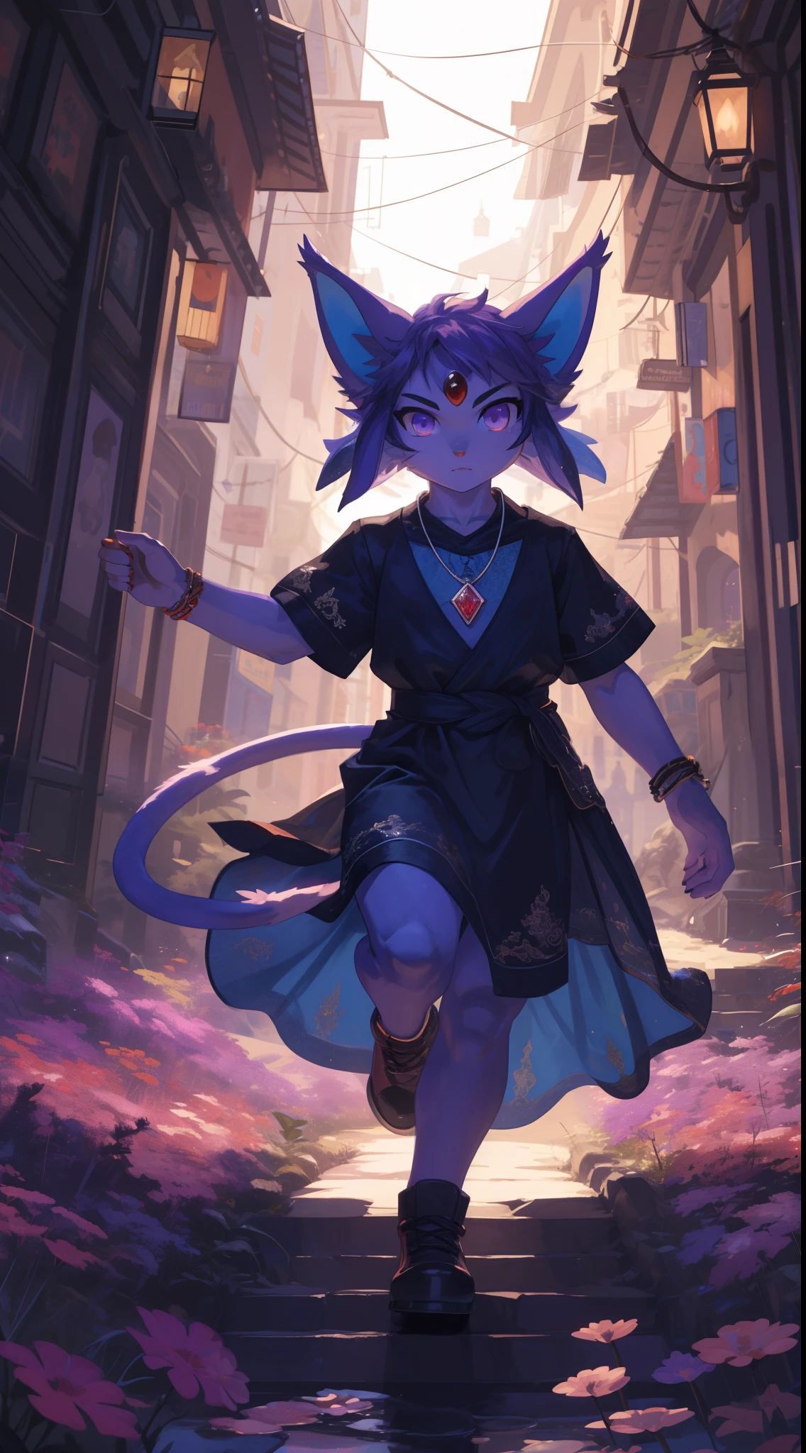 masterpiece, best quality, HD, ultra-detailed, vivid colors, Pokémon Espeon, purple Evee, Psychic pokemon, Dark pokemon, (furry:1.35), humanoid, humanization, anthropomorphic, on 2 legs, beautiful detailed purple eyes, big purple eyes, Psychic environment, purple palette, short purple thin tail and thin (blue ears), ((blue inside ears)), 2tails, two tails, detailed (purple) hair color, beautiful ((short hair)), ((detailed long [purple dress|pink dress:1.5] )), ((red diamond decoration, red diamond pendant)), shiny rainbow soap bubbles floating around, Action funny Pose