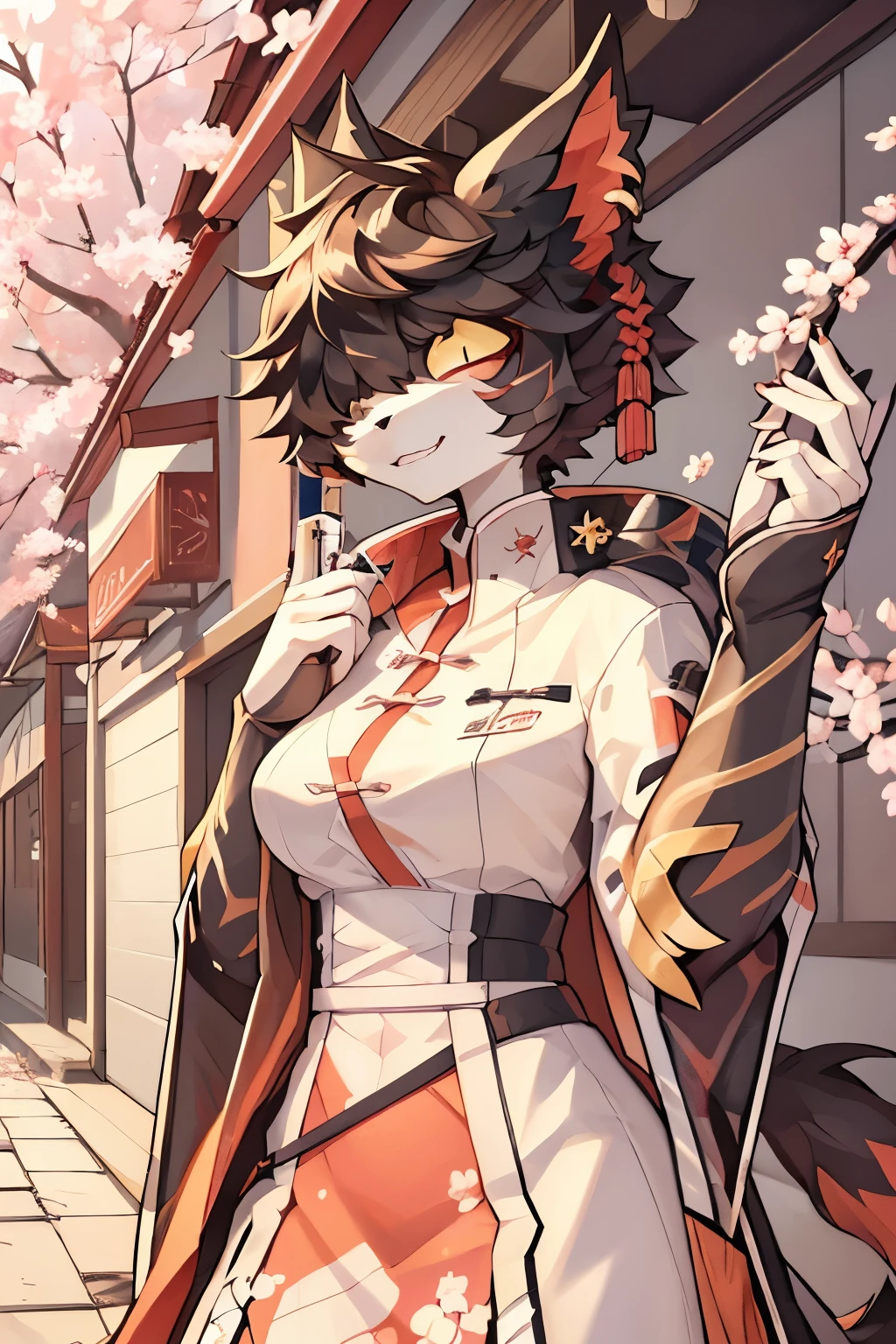 ((best quality, masterpiece, perfect anatomy, detailed picture)), furry, 1female, Aak, (Arknights), sexy body, breasts, black sclera, cat tail, wallpaper, portrait, illustration, retro, in the cherry blossom alley