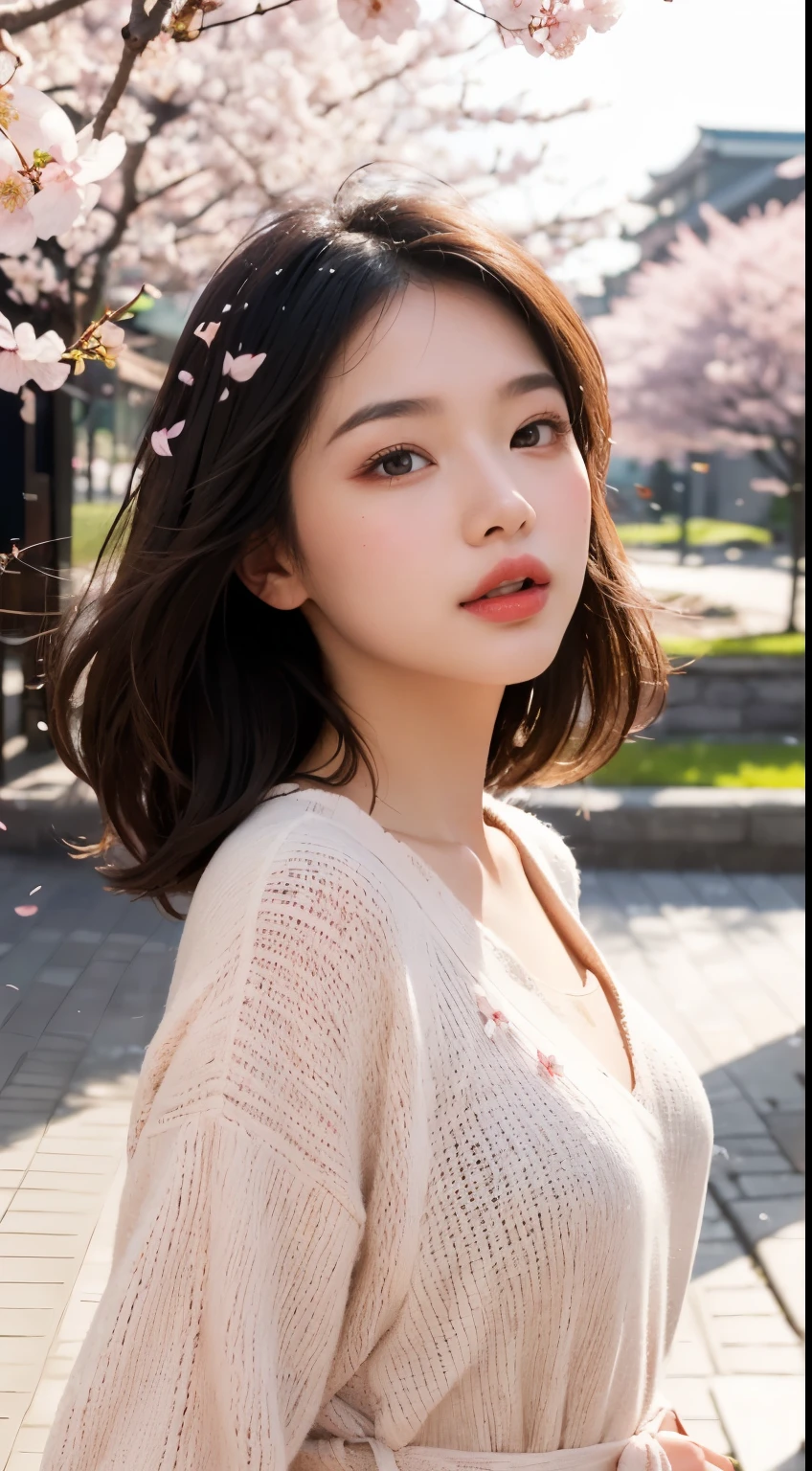 Mustepiece, top quality, illustration, ultra-definition, fine details, high resolution, 8K wallpaper, perfect dynamic composition, beautiful detailed eyes, wearing a dress, natural colored lips, random cute pose, perfect and beautiful face, cute, sexy face, sunset, ecstasy face, feminine face, (cherry blossoms, cherry blossoms, falling cherry blossom petals, cherry blossom blizzard, falling petals), waving in the wind Hair, hair fluttering, pink cherry blossoms, petals dancing, cherry blossom snowstorm, wonderful scenery, sunrise, background sun, wind,