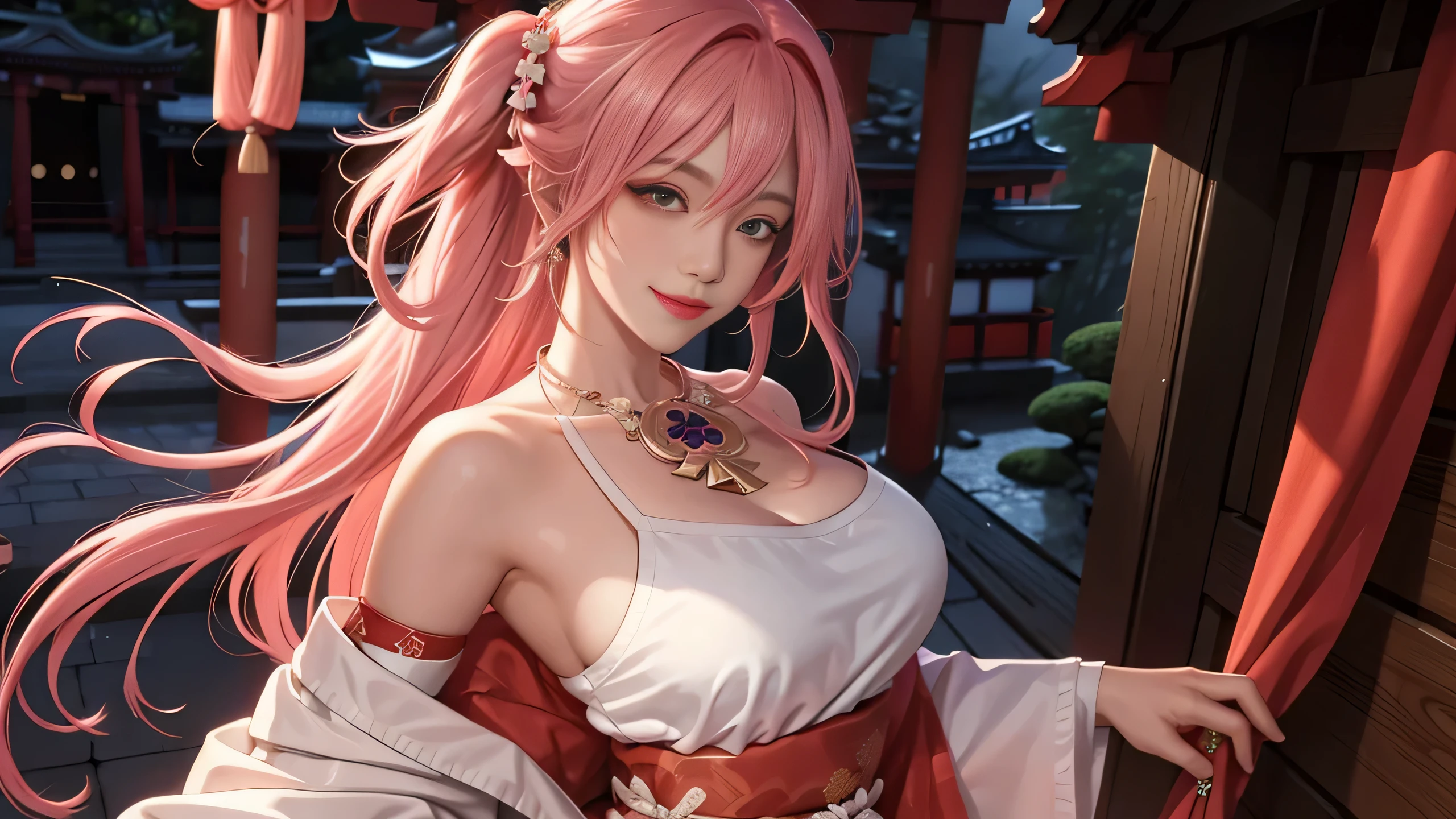 (masterpiece,need,1 love,alone,The details are complicated,look at the perspective,Color difference),lifelike,(front),(take off shoulders),Split,close up,Smile,sexy servant,Yae Shrine Maiden,long pink hair,church,red highlight,hair above one eye,black eyes,ear nipple ring,sharp vision,Perfectly symmetrical figure,necklace necklace,neon shirt,open jacket,high south sweater,leaning against wall,wall-Detihoros,Scouse document,dark light,alley,looking at the audience,((rough edges,Cleavage is very attractive,Charming big breasts)),(((Sakura background))),(((Japanese temple background))), (((Brilliant background without horse chestnut trees))) Sexy Nua