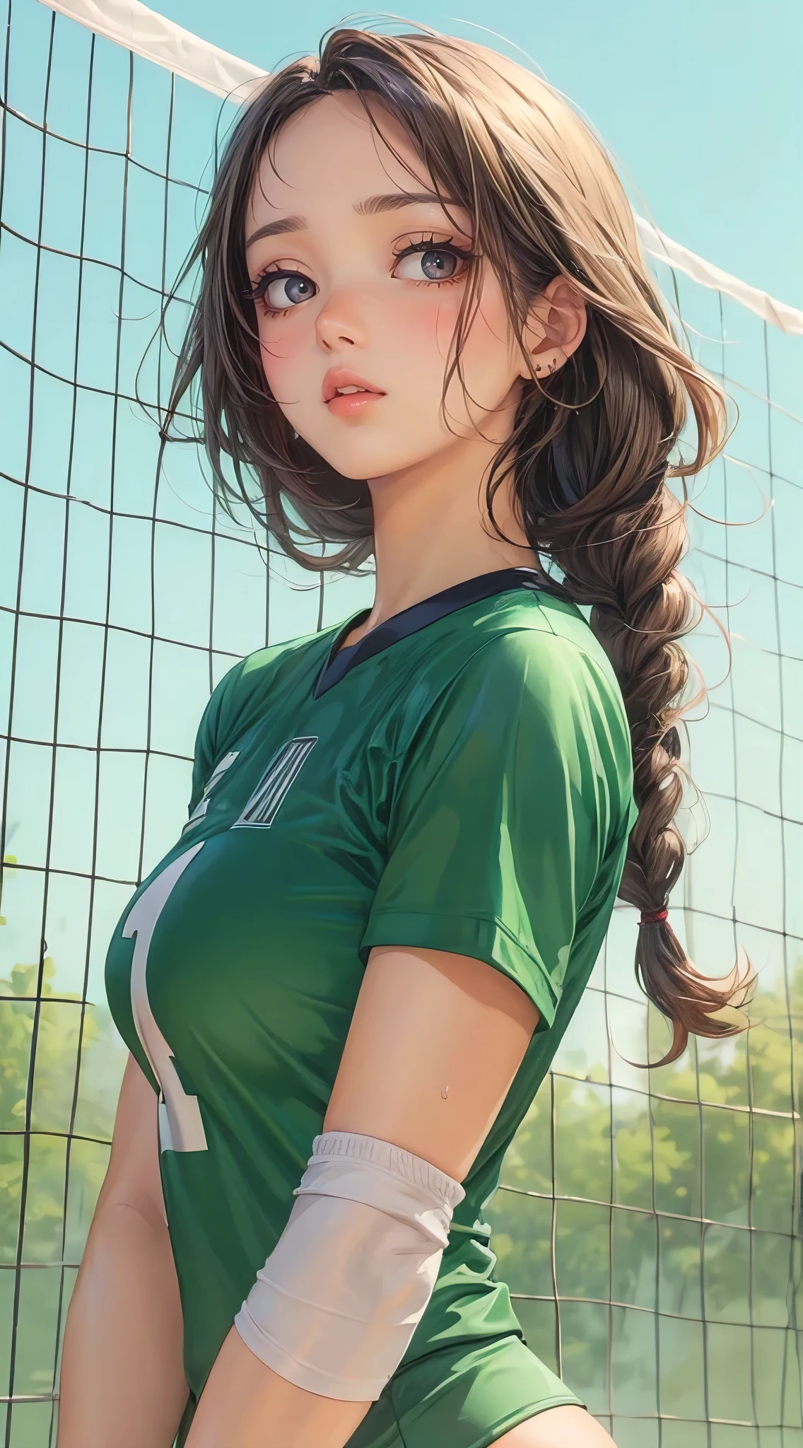 (best quality, masterpiece:1.2), portrait, a beautiful curvaceous woman, fit, slim waist, huge breasts, huge ass, volleyball jersey, sweaty, anime style, simple lines