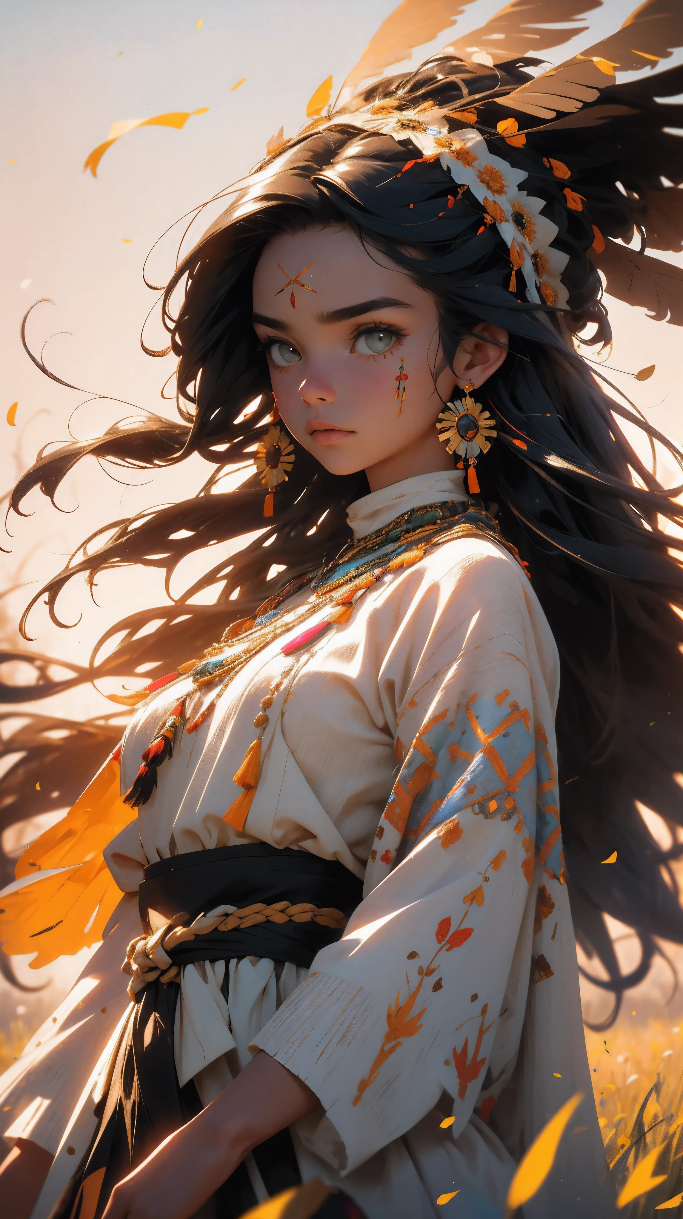 (best quality,4k,8k,highres,masterpiece:1.2),ultra-detailed,(realistic,photorealistic,photo-realistic:1.37),native american girl in traditional dress,decorative headband with feathers,detailed face paint,flowing black hair,traditional fringed dress with intricate beadwork and embroidery,enchanting expression,standing in a serene prairie surrounded by tall grass and wildflowers,sunlit landscape with warm golden tones,gentle breeze rustling her hair and dress,peaceful atmosphere,cultural pride,celebrating Native American heritage,portraits,artistic composition,vivid colors,natural lighting