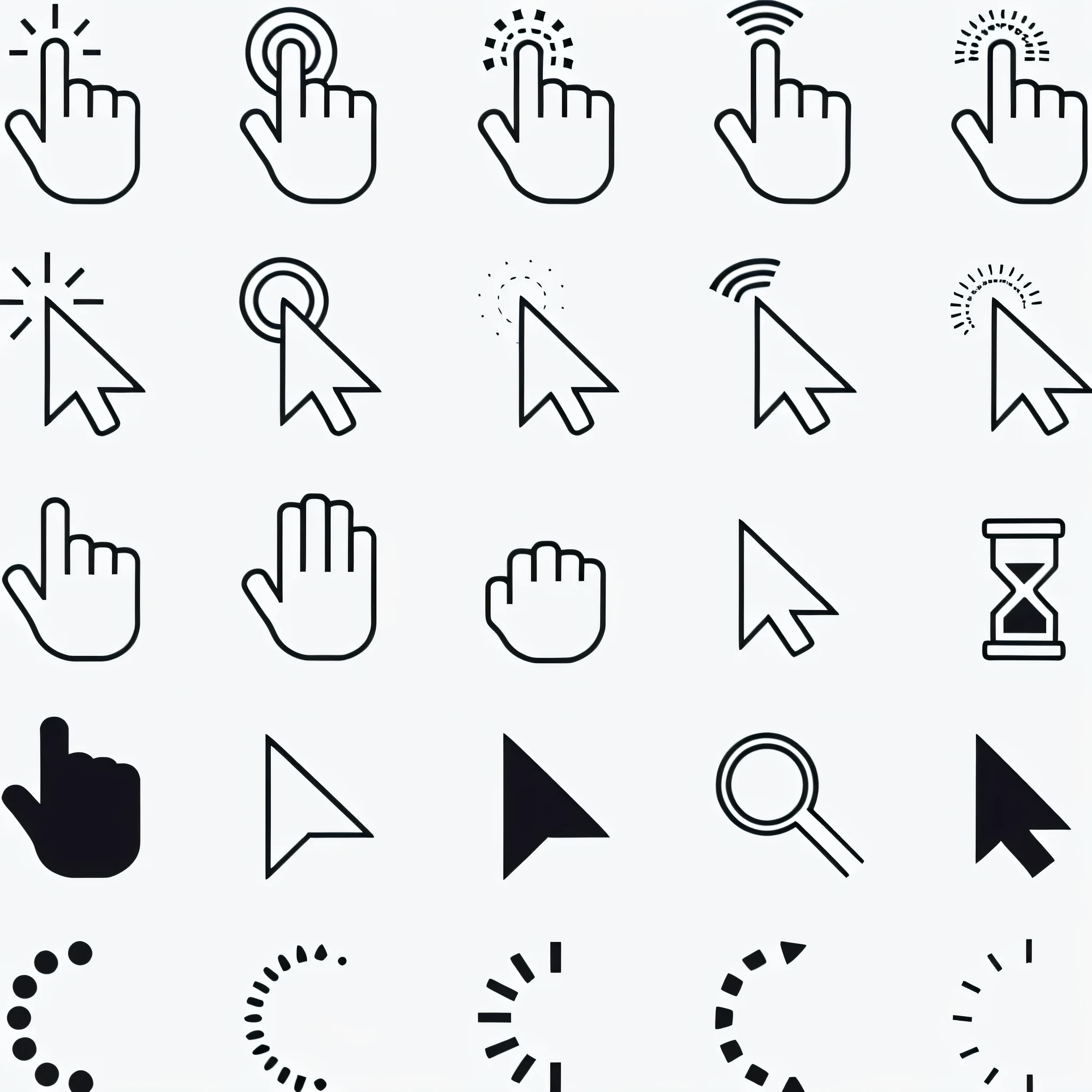 a close up of a bunch of different hand cursos and arrows, simplistic iconography, status icons, icons, insibidi symbols, iconography background, iconography, vector icon, pointing, symbols, vector”, icon pattern, screen cap, sprite sheet, vector, icon pack, glyphs, finger, vectorised, on a flat color black background