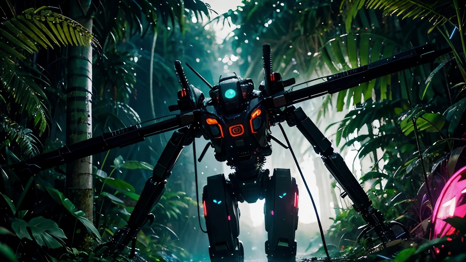 wild robotic cyberpunk dragonfly in a wet jungle with neon effects surrounding the insect,