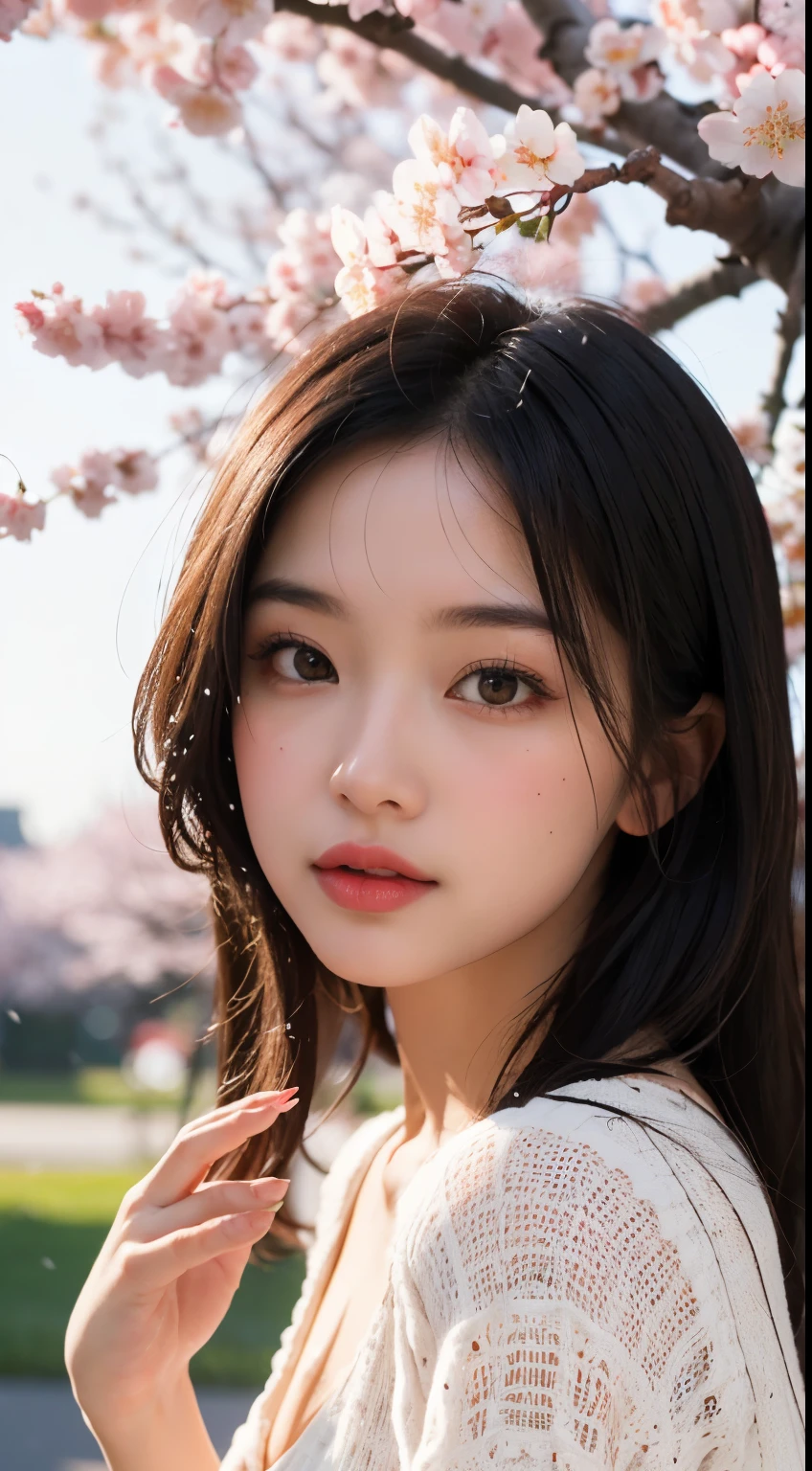 Mustepiece, top quality, illustration, ultra-definition, fine details, high resolution, 8K wallpaper, perfect dynamic composition, beautiful detailed eyes, wearing a dress, natural colored lips, random cute pose, perfect and beautiful face, cute, sexy face, sunset, ecstasy face, feminine face, (cherry blossoms, cherry blossoms, falling cherry blossom petals, cherry blossom blizzard, falling petals), waving in the wind Hair, hair fluttering, pink cherry blossoms, petals dancing, cherry blossom snowstorm, wonderful scenery, sunrise, background sun, wind,