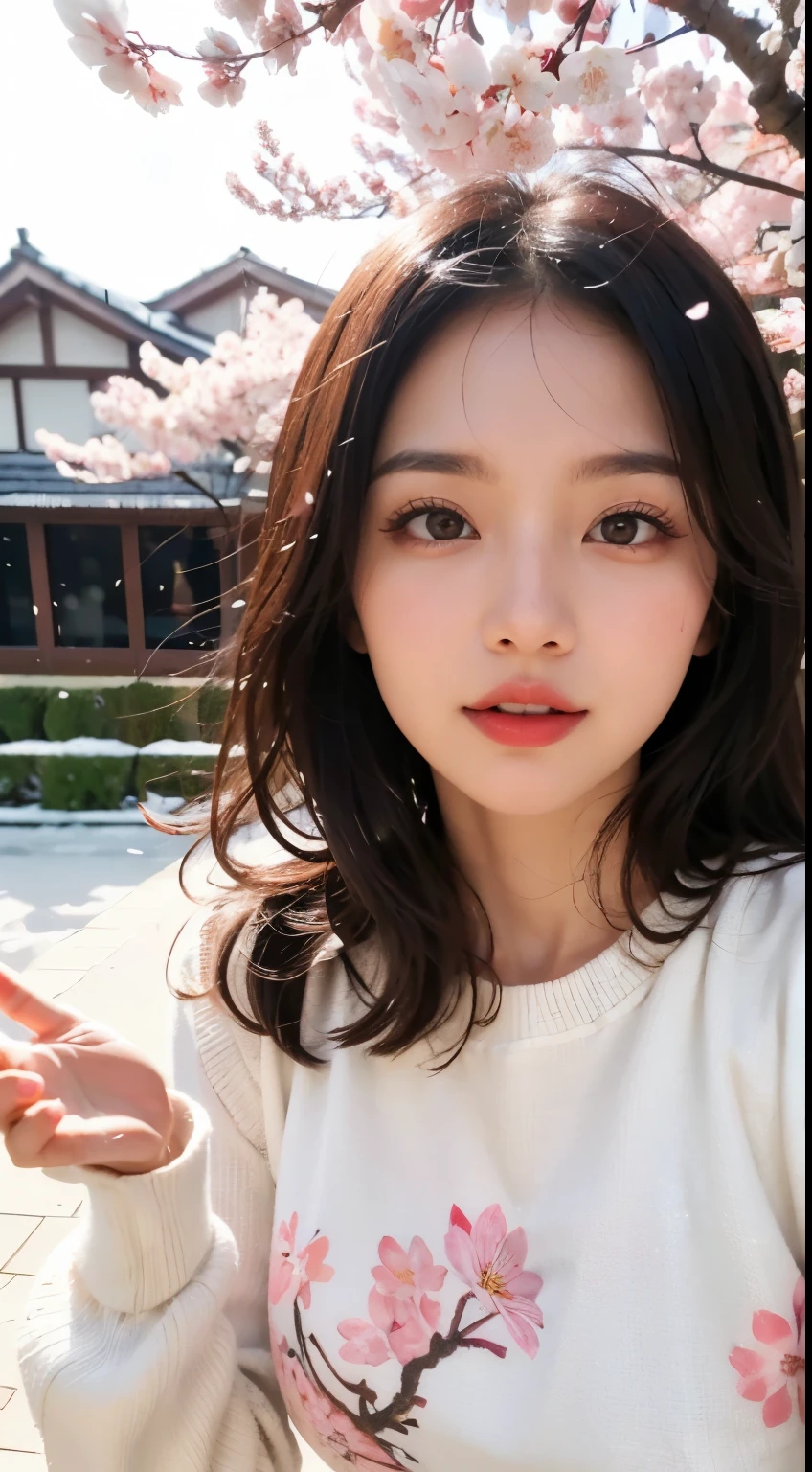 Mustepiece, top quality, illustration, ultra-definition, fine details, high resolution, 8K wallpaper, perfect dynamic composition, beautiful detailed eyes, wearing a dress, natural colored lips, random cute pose, perfect and beautiful face, cute, sexy face, sunset, ecstasy face, feminine face, (cherry blossoms, cherry blossoms, falling cherry blossom petals, cherry blossom blizzard, falling petals), waving in the wind Hair, hair fluttering, pink cherry blossoms, petals dancing, cherry blossom snowstorm, wonderful scenery, sunrise, background sun, wind,