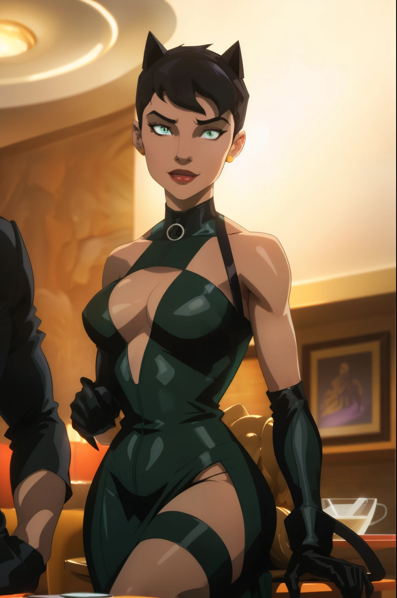 A captivating Catwoman figure, boasting generous assets, The velvety fabric of her black glossy gown clings to her curvaceous figure, big breasts, cleavage. Her seductive green eyes gleam, a sly smile playing at the corner of her mouth. The intricate details of the gown's texture and the glossy finish of her feline ears add to the masterpiece of this art piece, sexy pose, sitting seductively, holding red wine glass, making a toast towards the camera, luxury ballet setting, nighttime
