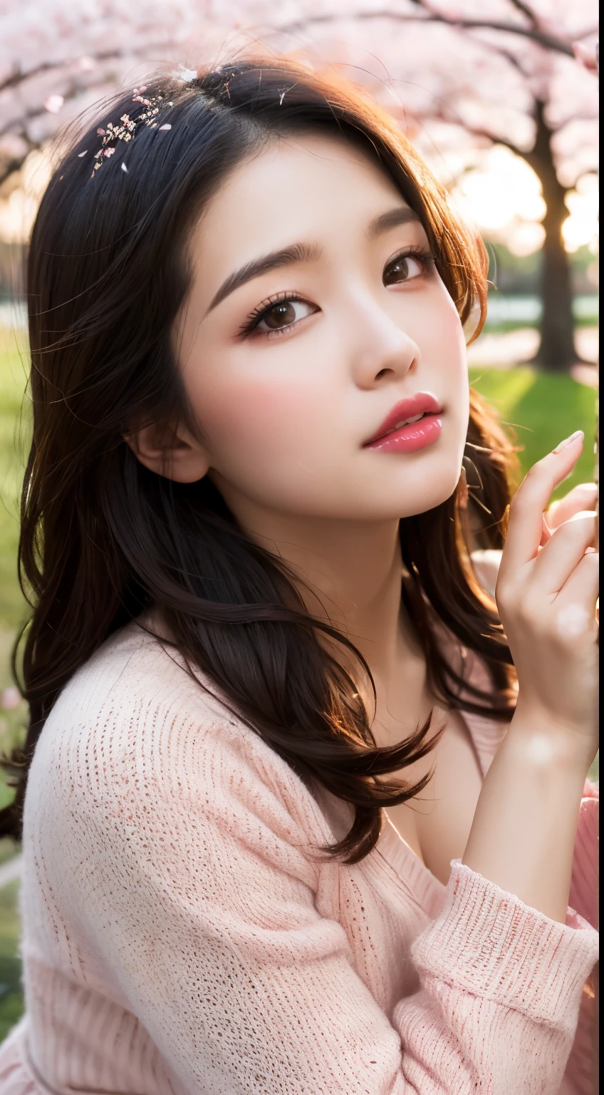 Mustepiece, top quality, illustration, ultra-definition, fine details, high resolution, 8K wallpaper, perfect dynamic composition, beautiful detailed eyes, wearing a dress, natural colored lips, random cute pose, perfect and beautiful face, cute, sexy face, sunset, ecstasy face, feminine face, (cherry blossoms, cherry blossoms, falling cherry blossom petals, cherry blossom blizzard, falling petals), waving in the wind Hair, hair fluttering, pink cherry blossoms, petals dancing, cherry blossom snowstorm, wonderful scenery, sunrise, background sun, wind,