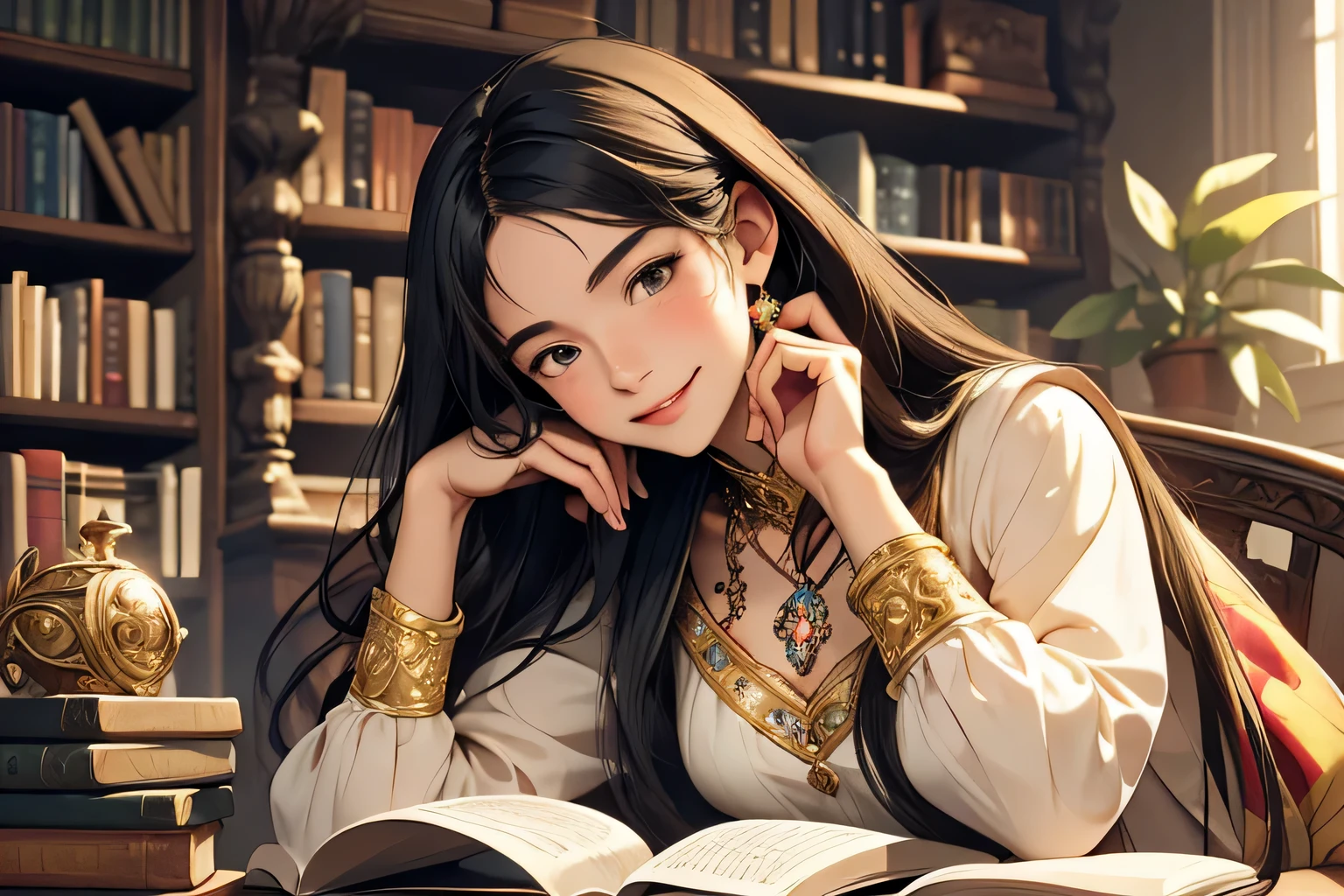 A whimsical illustration inspired by the Baroque era, featuring a girl with long, flowing black hair The girl is smiling while holding up a pile of books. The image is highly detailed and stylized with vibrant colors, ornate details, and an intricate composition. --s 150 --ar 1:1 --c 5
