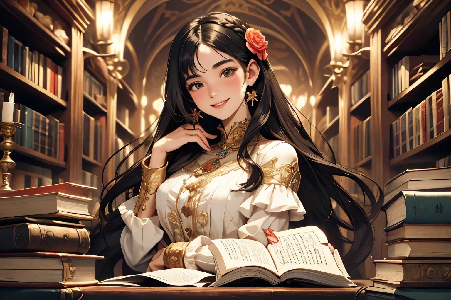A whimsical illustration inspired by the Baroque era, featuring a girl with long, flowing black hair The girl is smiling while holding up a pile of books. The image is highly detailed and stylized with vibrant colors, ornate details, and an intricate composition. --s 150 --ar 1:1 --c 5