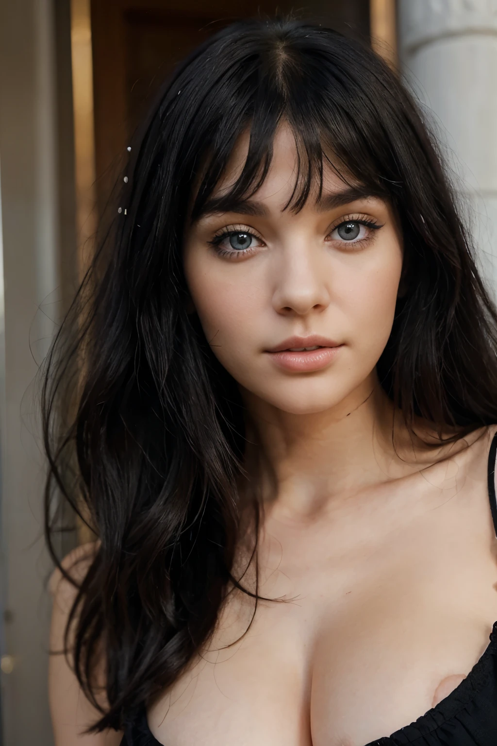 ultra detailed portrait of a gorgeous young woman with raven black hair, long and slightly curly with bangs. Her skin is very fair and her eyes are blue.. Son regard perçant trahissent une femme forte et dominatrice