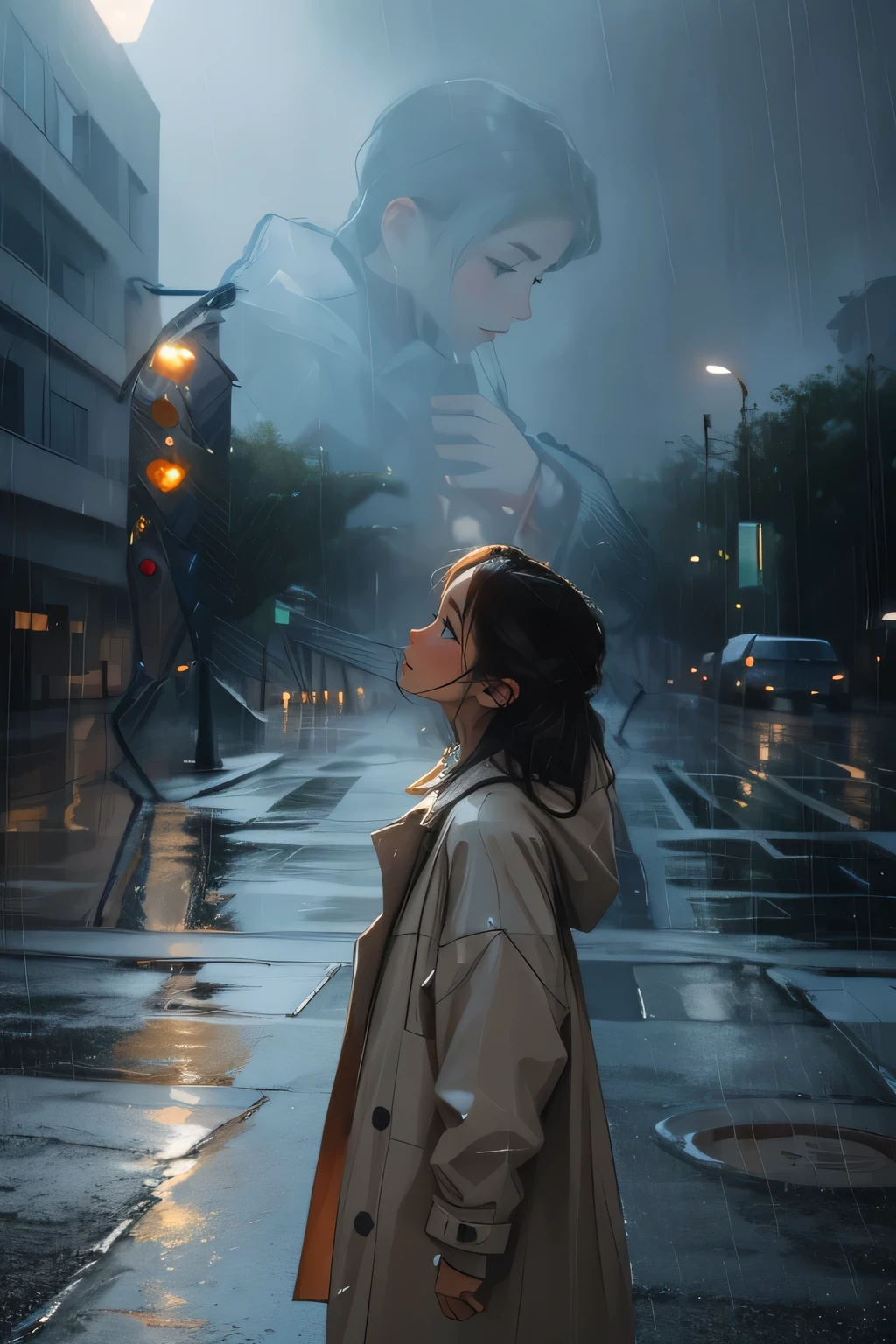 there is a young boy standing in the rain in the street, portrait in the rain, pretty girl standing in the rain, backlit The Girl in the Raincoat, standing in the rain, movie photo, Unsplash contest winning photo, rainy water photos, that'It's raining outside, on a rainy evening, Rainy mood, after the rain, There are no women, atmospheric portrait, The Girl in the Raincoat
